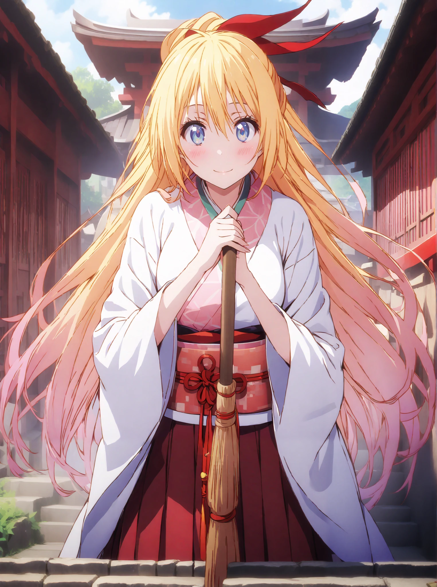 score_9, score_8_up, score_7_up, source_anime, chitoge kirisaki, long hair, blue eyes, blond hair,hair ribbon , smile,blush,close your mouth, o, very long hair, multicolored hair, Red Ribbon, Gradient Hair, medium chest,Shrine maiden, Japanese Clothes, white kimono , kimono, Red Hakama, wide sleeve, Long Sleeve, bow sleeve , とてもlong hair, low ponytail, Holding a broom with both hands,,Cleaning stairs,full bodyがイラストに入るように,break outdoors, shrine,
break looking at viewer,full body,
break (masterpiece:1.2),top quality , kampala, Unity 8K Wallpaper ,(shape:0.8),( fine, beautiful eyes :1.6),It's a person ,full body写真,CG Details , (I'll give you a perfect hand, complete anatomy),