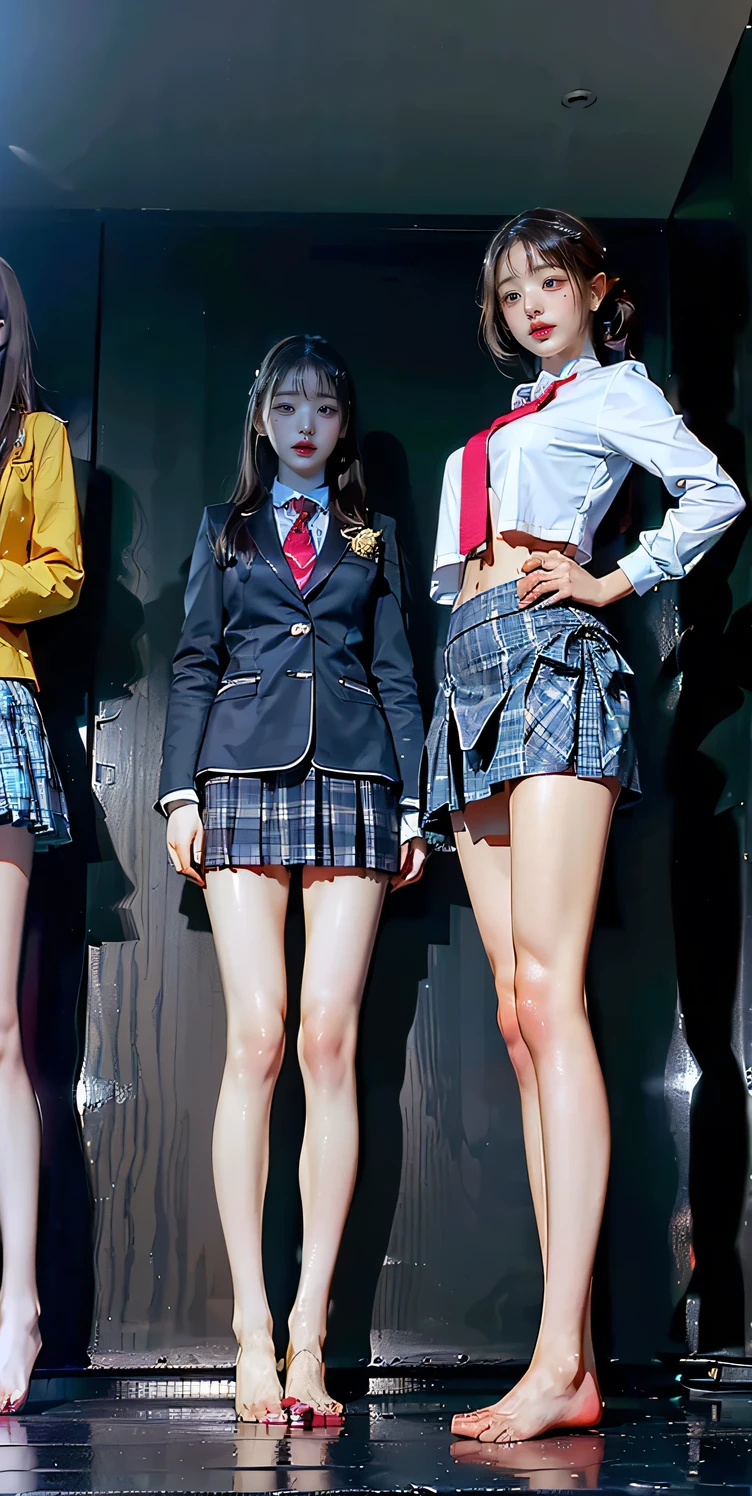 ((There are 4 of us:1.8))、(4 sisters)、Gal、(Neon Street)、((Tall model body type)4 high school girls:1.0))、(Standing facing this), Full body photography、(Gal達の修学旅行の集合写真:1.0)、(wide thighs, とてもLong legs), High heels on the ground, classroom, (masterpiece:1.3), (8k, Realistic, RAW Photos, Highest quality: 1.4), Beautiful Face, (Realistic face), (Blonde short cut:1.3), Realistic目, Very beautiful eyes, Realistic skin, Beautiful Skin, Ultra-high resolution, Super Realistic, Very detailed, Golden Ratio, cute, cute female teacher, High school girl in summer clothes, Surreal school girl, pleated micro mini skirt, 濡れたpantyhose、(Black Stockings)、high heel loafers, Full body portrait, Thin arms, (Big Breasts)、black leather designer bag、 High school girl in sailor suit, Surreal school girl, high waist micro mini skirt, Milk splashed on the uniform、(が飛び散ったBlack Stockingspantyhose)、pantyhose, Black Stockings、high heel loafers, Full body portrait, Thin arms, (Big Breasts)、Her uniform shirt is open, expose her bra、wide thighs、Long legs,(女教師と女子高校生Gal:1.5)、