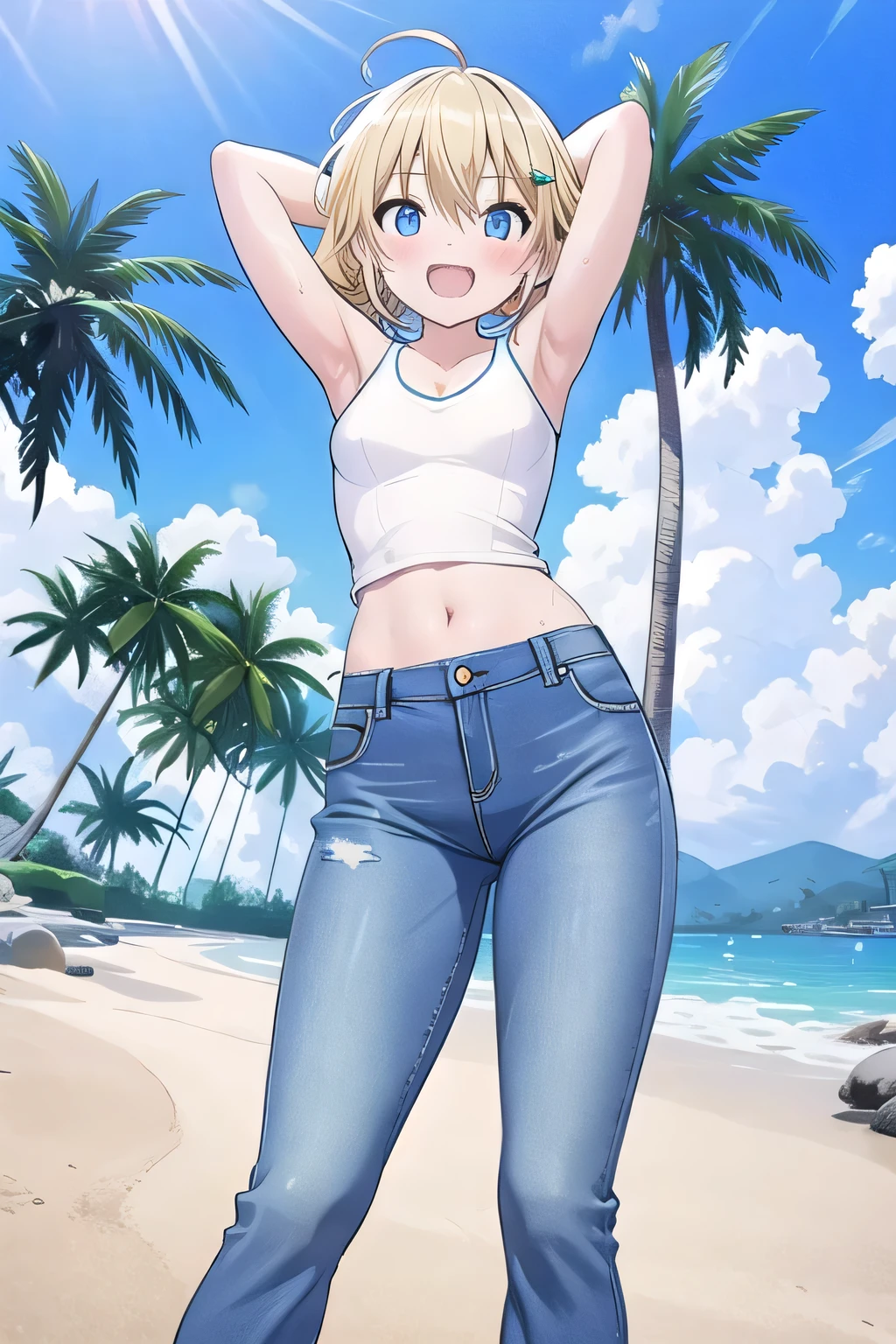 masterpiece,best quality,ultra detail, ((Perfect Face, Perfect Arms, Perfect hands, Perfect Fingers)), 1girl, , petite, ((round face, ecstasy, orgasm face, drooping eyes, shame smiling, blush)), dropping eyes, sleepy, Open mouth, ((White teeth)), background((under the beach, (day:1.2), palm tree, bright sky)), miku hatsune, ahoge, aqua eyes, (blonde hair:1.4), crossed bangs, hair between eyes, hair ornament, (short hair:1.4), (messy hair:1.7), ((arms behind head, hands behind head, fingers behind head)), ((contrapposto)), spread armpits, looking at viewer,, (white tank top:1.2), (white crop top:1.2), (jeans pants:1.2, flares jeans:1.2, skinny jeans:1.2, blue jeans:1.2), standing, (legs spread:1.4), sex pose, Sweaty crotch, Steam from the crotch, from below, whole body