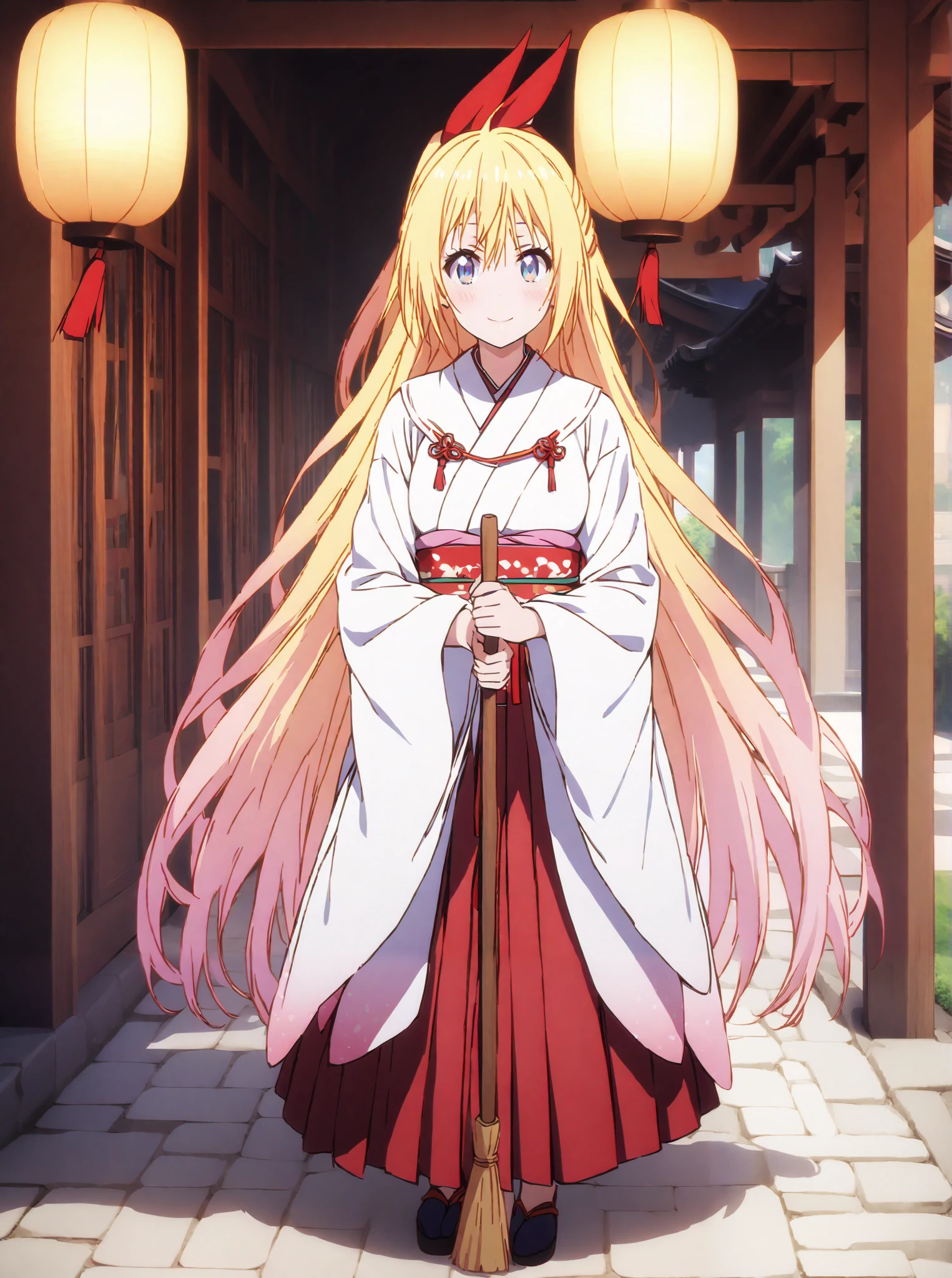 score_9, score_8_up, score_7_up, source_anime, chitoge kirisaki, long hair, blue eyes, blond hair,hair ribbon , smile,blush,close your mouth, o, very long hair, multicolored hair, Red Ribbon, Gradient Hair, medium chest,Shrine maiden, Japanese Clothes, white kimono , kimono, Red Hakama, wide sleeve, Long Sleeve, bow sleeve , とてもlong hair, low ponytail, Holding a broom with both hands,,Cleaning stairs,full bodyがイラストに入るように,break outdoors, shrine,
break looking at viewer,full body,
break (masterpiece:1.2),top quality , kampala, Unity 8K Wallpaper ,(shape:0.8),( fine, beautiful eyes :1.6),It's a person ,full body写真,CG Details , (I'll give you a perfect hand, complete anatomy),