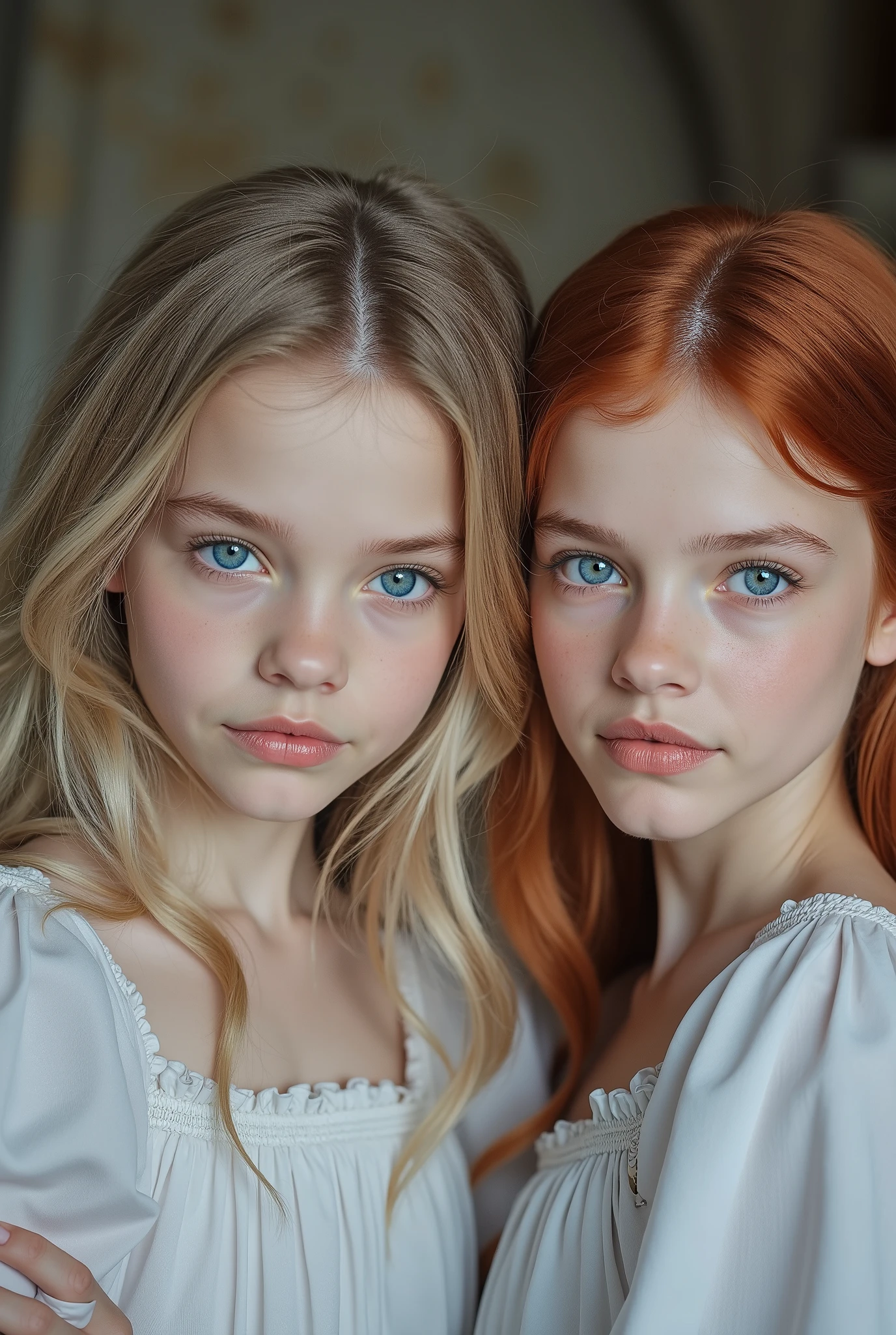 An image of beautiful Young s ôdtriplets with white skin , aquamarine eyes. That one has ash blond hair , another red hair and one has light brown hair . Let the background be in a castleLet it be a realistic photo.