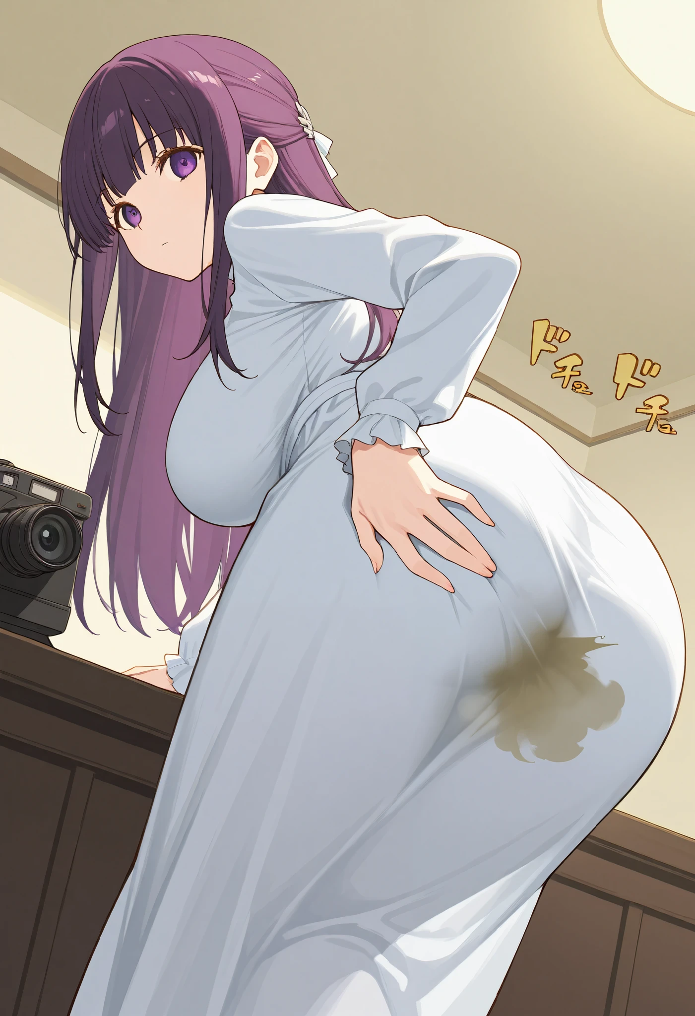 (Browsing Caution、Ultra-high resolution、masterpiece、8k)Naked Women，far、Official photo、Straight Long Hair，Purple Hair，Shorn bangs、Big cold eyes、There is a mole under the left eye，alone，Big Breasts，i turn around，Inside the room，The black robe I drew、barefoot、Masturbation，Slender body、The shape of the female genitalia is clearly visible.，(big, Anal farts and fat stool:1.5、Showing anus:1.3)，Grab your buttocks and spread them，detailed ，Your body is wet，Sweat，，Desire for dissatisfaction， White Stockings，Big poop coming out of the anus、Steam is coming out from between the thighs，(((Standing and spreading her ass and farting.)))