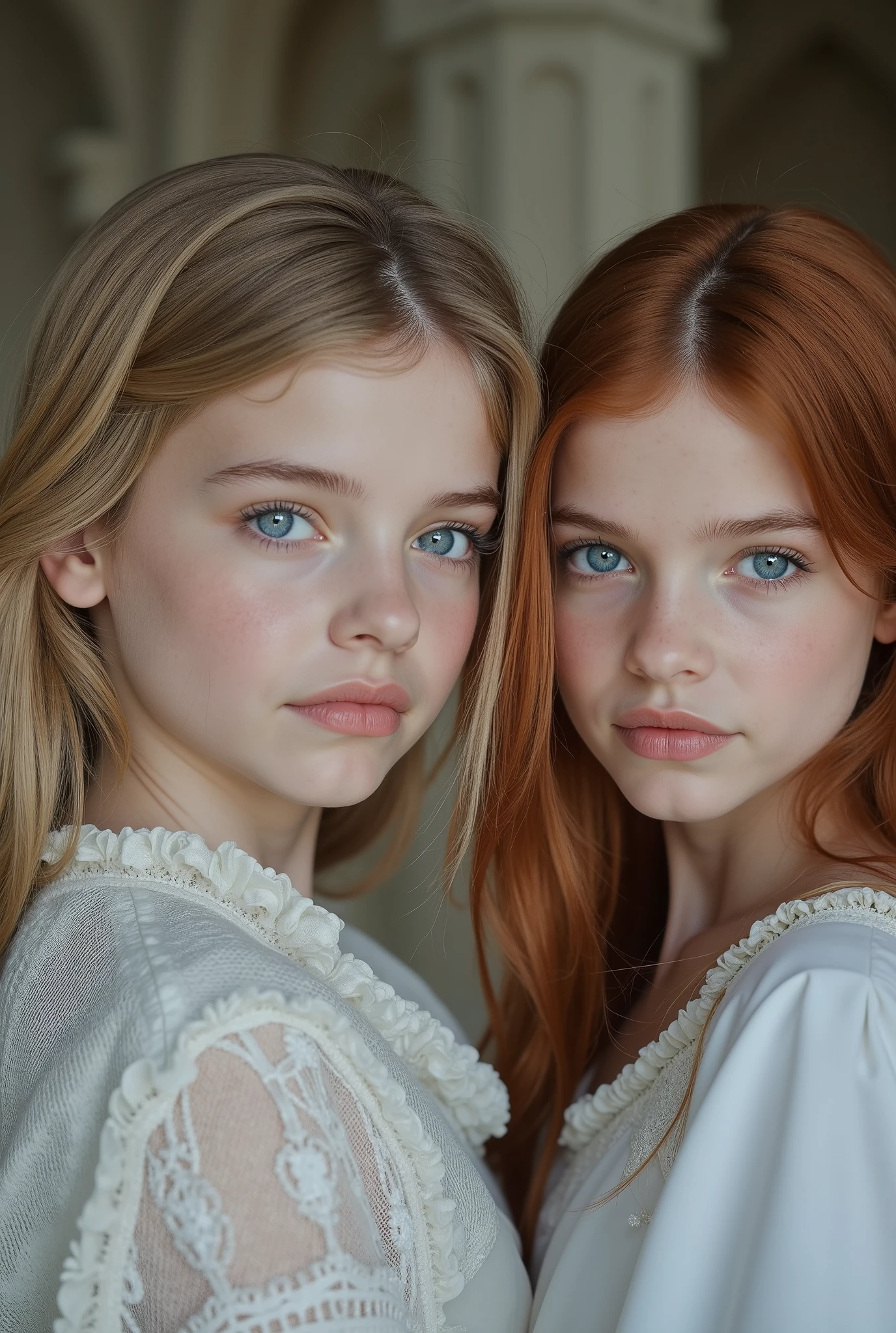 An image of beautiful Young s ôdtriplets with white skin , aquamarine eyes. That one has ash blond hair , another red hair and one has light brown hair . Let the background be in a castleLet it be a realistic photo.