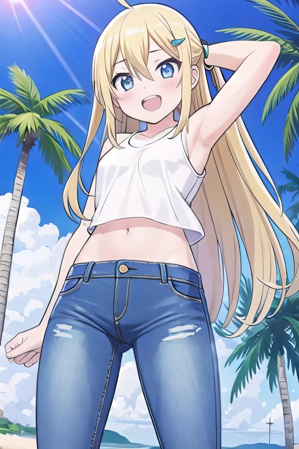masterpiece,best quality,ultra detail, ((Perfect Face, Perfect Arms, Perfect hands, Perfect Fingers)), 1girl, , petite, ((round face, ecstasy, orgasm face, drooping eyes, shame smiling, blush)), dropping eyes, sleepy, Open mouth, ((White teeth)), background((under the beach, (day:1.2), palm tree, bright sky)), miku hatsune, ahoge, aqua eyes, (blonde hair:1.4), crossed bangs, hair between eyes, hair ornament, (long hair:1.4), ((arms behind head, hands behind head, fingers behind head)), ((contrapposto)), spread armpits, looking at viewer,, (white tank top:1.2), (white crop top:1.2), (jeans pants:1.2, flares jeans:1.2, skinny jeans:1.2, blue jeans:1.2), standing, (legs spread:1.4), sex pose, Sweaty crotch, Steam from the crotch, from below, whole body