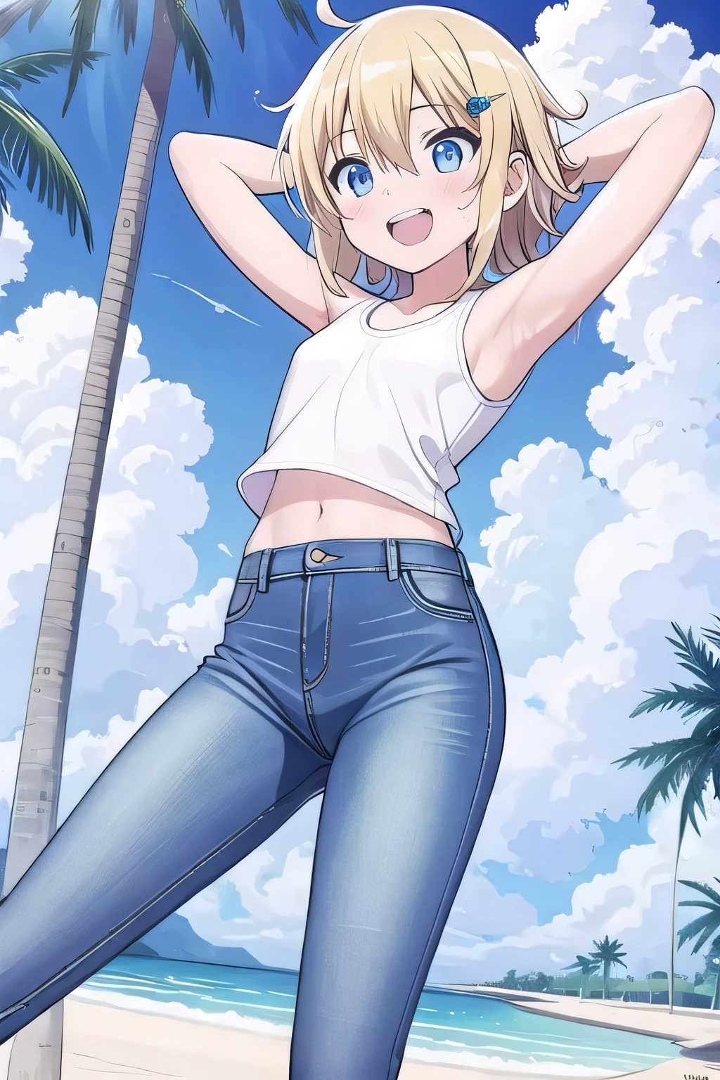 masterpiece,best quality,ultra detail, ((Perfect Face, Perfect Arms, Perfect hands, Perfect Fingers)), 1girl, , petite, ((round face, ecstasy, orgasm face, drooping eyes, shame smiling, blush)), dropping eyes, sleepy, Open mouth, ((White teeth)), background((under the beach, (day:1.2), palm tree, bright sky)), miku hatsune, ahoge, aqua eyes, (blonde hair:1.4), crossed bangs, hair between eyes, hair ornament, (short hair:1.4), (messy hair:1.7), ((arms behind head, hands behind head, fingers behind head)), ((contrapposto)), spread armpits, looking at viewer,, (white tank top:1.2), (white crop top:1.2), (jeans pants:1.2, flares jeans:1.2, skinny jeans:1.2, blue jeans:1.2), standing, (legs spread:1.4), sex pose, Sweaty crotch, Steam from the crotch, from below, whole body