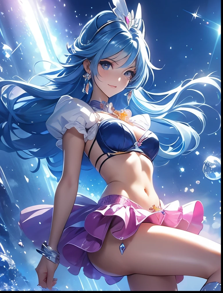 (((SFW、Highest quality、 first class masterpiece 、 Normal Body 、8k、 detailed face 、 super precise、 real color 、5refer to、Highest)))、Pretty Cure、Blue and silver hair、Magical Girl、Beautiful Girl、Navel Release Style、Big Breasts、Slender、 slim、high leg bikini、transparent bra、Skirt panty shot、Activate Special Moves、Super Kicks