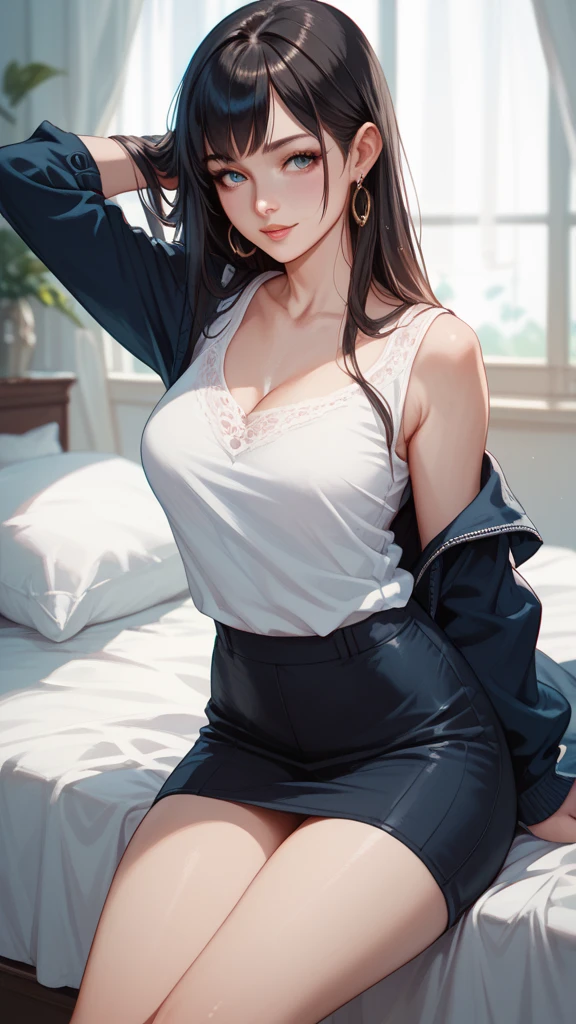 realisticlying、45-year-old girl、Polo shirt,Face enhancement,Chest super large zoom,Cleavage emphasis,Looking up from the bottom,Smile,Blushing,Red lips,A sexy,Bed sit,Face Ekubo