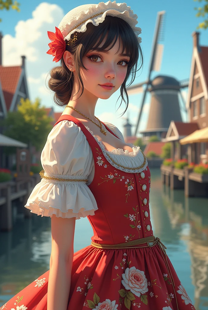 traditional dutch clothes,a girl wearing traditional dutch volendam clothes,detailed embroidery,typical dutch colors,windmill backdrop,vivid colors,portrait style,beautiful detailed dress,floral patterns,wooden shoes,masterpiece:1.2,realistic