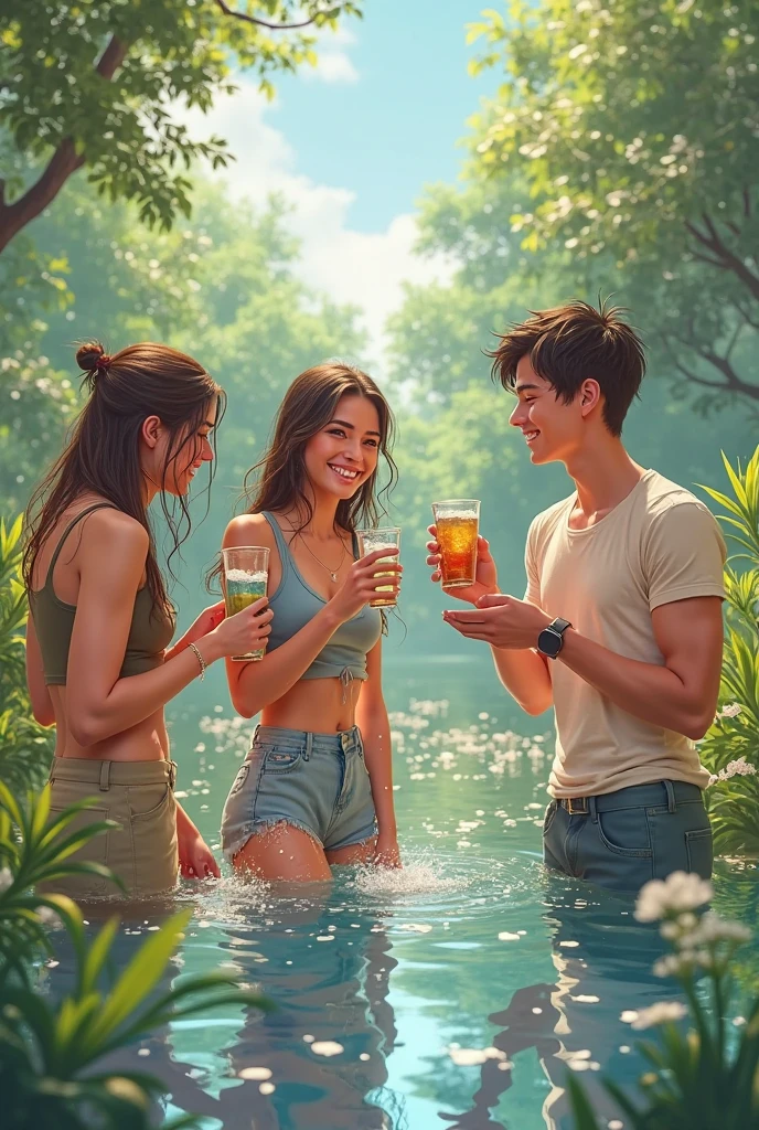 Male swimsuit briefs, three teenagers, high school students, next to the creek in the forest, happy expression, playing with water, fangs, heat, shut up, abs, full body, single, barefoot, naked, wet all over, holding a glass of juice, squinting