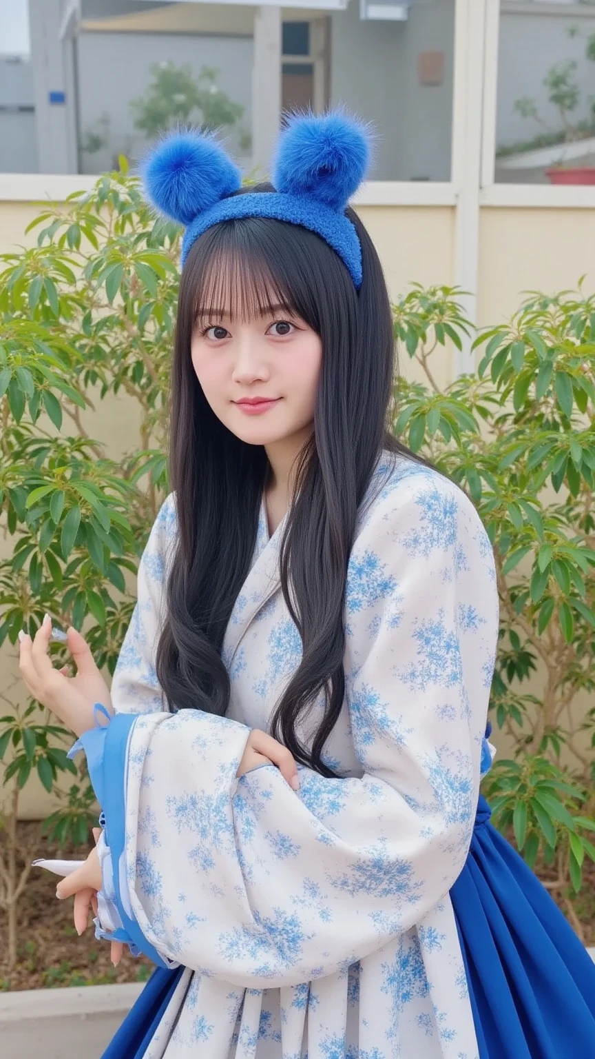 Highest quality、Blue ultra-thin, ultra-fitting, ultra-tight Ao Dai、((とてもかわいい12 years oldの少女、))、Keep your eyes down、Upper body、Black-haired、Ultra-detailed skin、Moisturized Skin、A shy smile、Details: Ultra-realistic sheer nipples and clearly visible areola