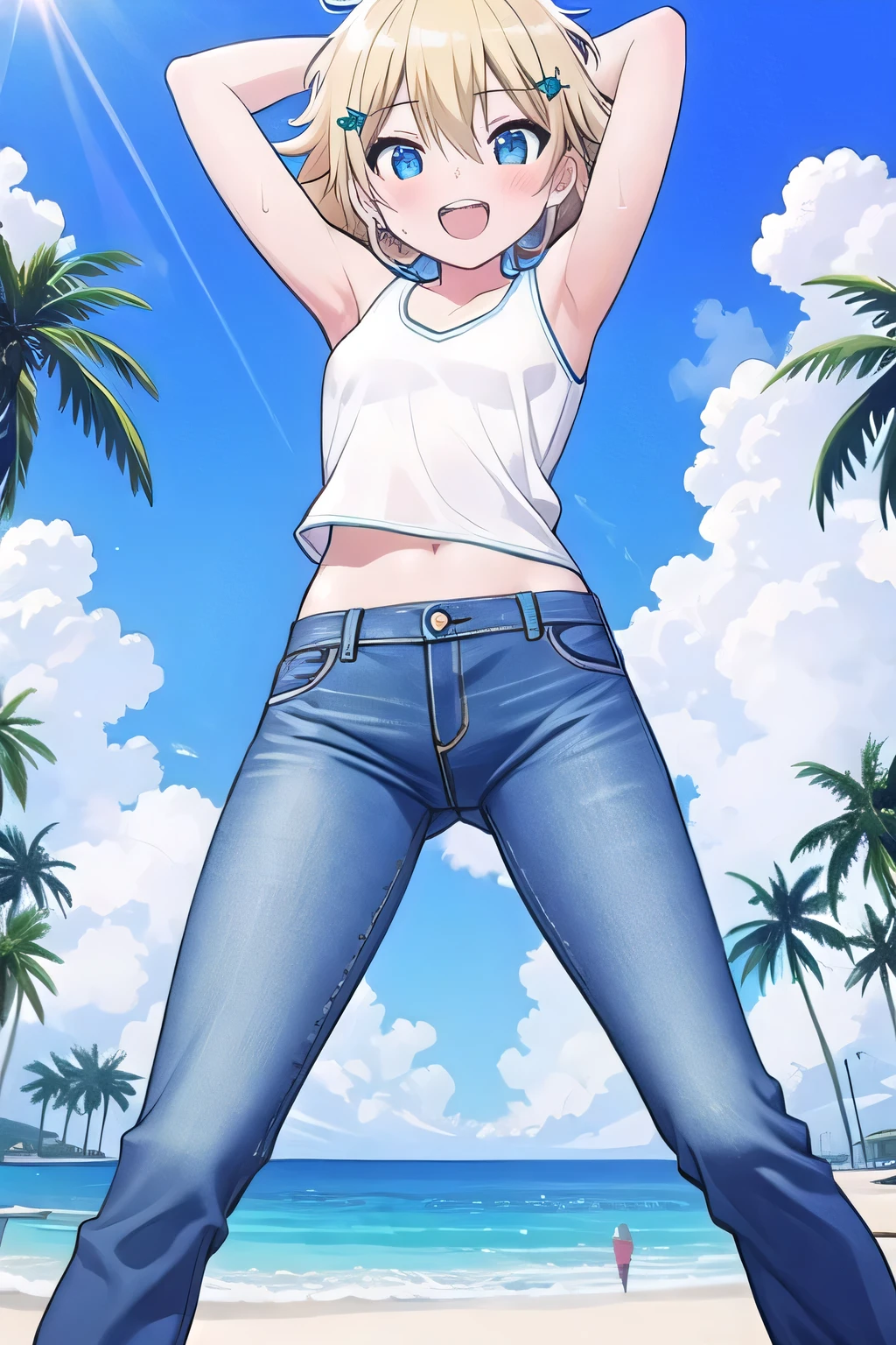masterpiece,best quality,ultra detail, ((Perfect Face, Perfect Arms, Perfect hands, Perfect Fingers)), 1girl, , peti ((round face, ecstasy, orgasm face, drooping eyes, shame smiling, blush)), dropping eyes, sleepy, Open mouth, ((White teeth)), background((under the beach, (day:1.2), palm tree, bright sky)), miku hatsune, ahoge, aqua eyes, (blonde hair:1.4), crossed bangs, hair between eyes, hair ornament, (short hair:1.4), (messy hair:1.7), ((arms behind head, hands behind head, fingers behind head)), ((contrapposto)), spread armpits, looking at viewer,, (white tank top:1.2), (white crop top:1.2), (jeans pants:1.2, flares jeans:1.2, skinny jeans:1.2, blue jeans:1.2), standing, (legs spread:1.4), sex pose, Sweaty crotch, Steam from the crotch, from below, whole body