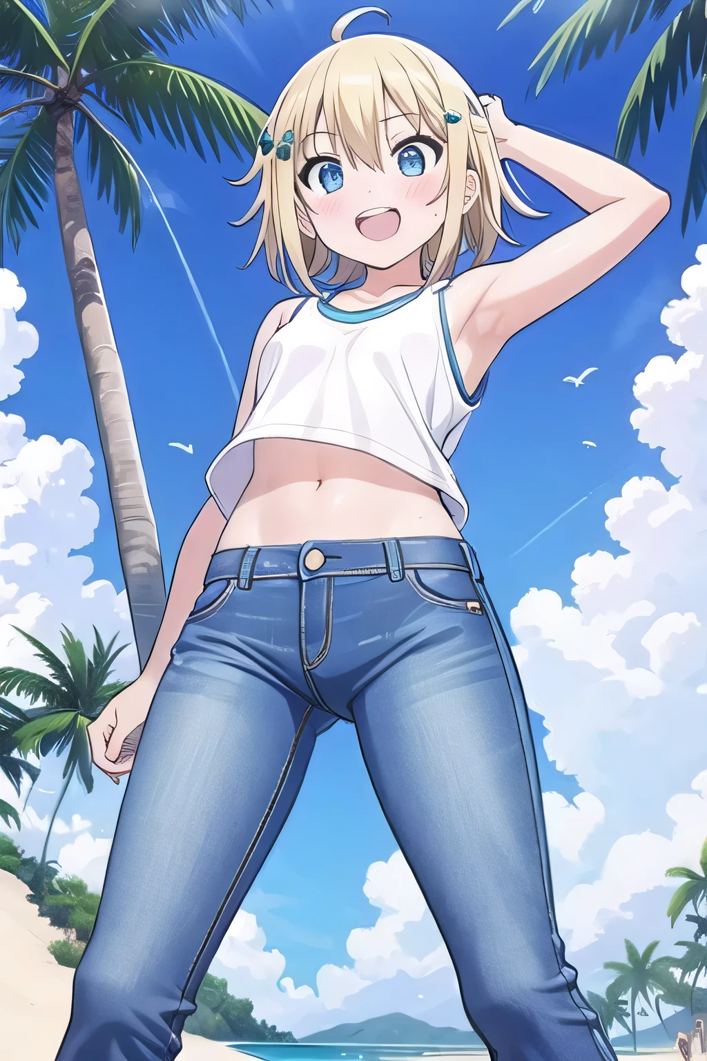 masterpiece,best quality,ultra detail, ((Perfect Face, Perfect Arms, Perfect hands, Perfect Fingers)), 1girl, , peti ((round face, ecstasy, orgasm face, drooping eyes, shame smiling, blush)), dropping eyes, sleepy, Open mouth, ((White teeth)), background((under the beach, (day:1.2), palm tree, bright sky)), miku hatsune, ahoge, aqua eyes, (blonde hair:1.4), crossed bangs, hair between eyes, hair ornament, (short hair:1.4), (messy hair:1.7), ((arms behind head, hands behind head, fingers behind head)), ((contrapposto)), spread armpits, looking at viewer,, (white tank top:1.2), (white crop top:1.2), (jeans pants:1.2, flares jeans:1.2, skinny jeans:1.2, blue jeans:1.2), standing, (legs spread:1.4), sex pose, Sweaty crotch, Steam from the crotch, from below, whole body