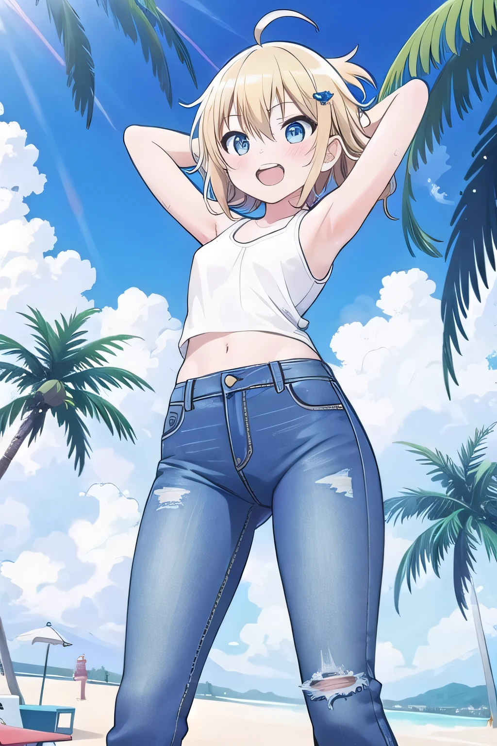 masterpiece,best quality,ultra detail, ((Perfect Face, Perfect Arms, Perfect hands, Perfect Fingers)), 1girl, , peti ((round face, ecstasy, orgasm face, drooping eyes, shame smiling, blush)), dropping eyes, sleepy, Open mouth, ((White teeth)), background((under the beach, (day:1.2), palm tree, bright sky)), miku hatsune, ahoge, aqua eyes, (blonde hair:1.4), crossed bangs, hair between eyes, hair ornament, (short hair:1.4), (messy hair:1.7), ((arms behind head, hands behind head, fingers behind head)), ((contrapposto)), spread armpits, looking at viewer,, (white tank top:1.2), (white crop top:1.2), (jeans pants:1.2, flares jeans:1.2, skinny jeans:1.2, blue jeans:1.2), standing, (legs spread:1.4), sex pose, Sweaty crotch, Steam from the crotch, from below, whole body