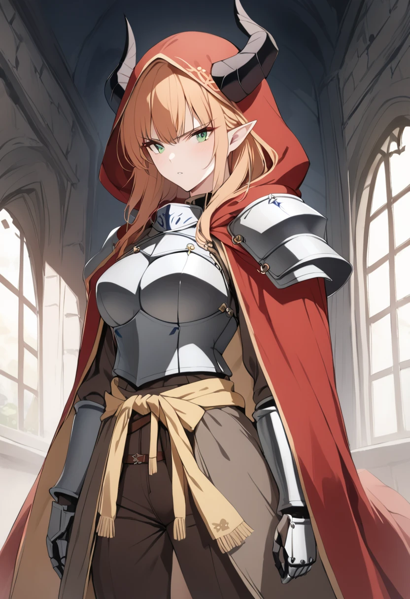 (1girl, Masterpiece, best quality) A mature elf female with (long length intense orange hair and sharp side-swept fringe). Neutral, sligthly serious expression. Her attire includes a red cloak with yellow trim that covers a hood (medieval-style red and gray metal knight armor). She has green eyes. She has a brown belt cinched around her waist, brown pants and some dark gray fur around waist. She's wearing a red hood with attached gray horns to hood.