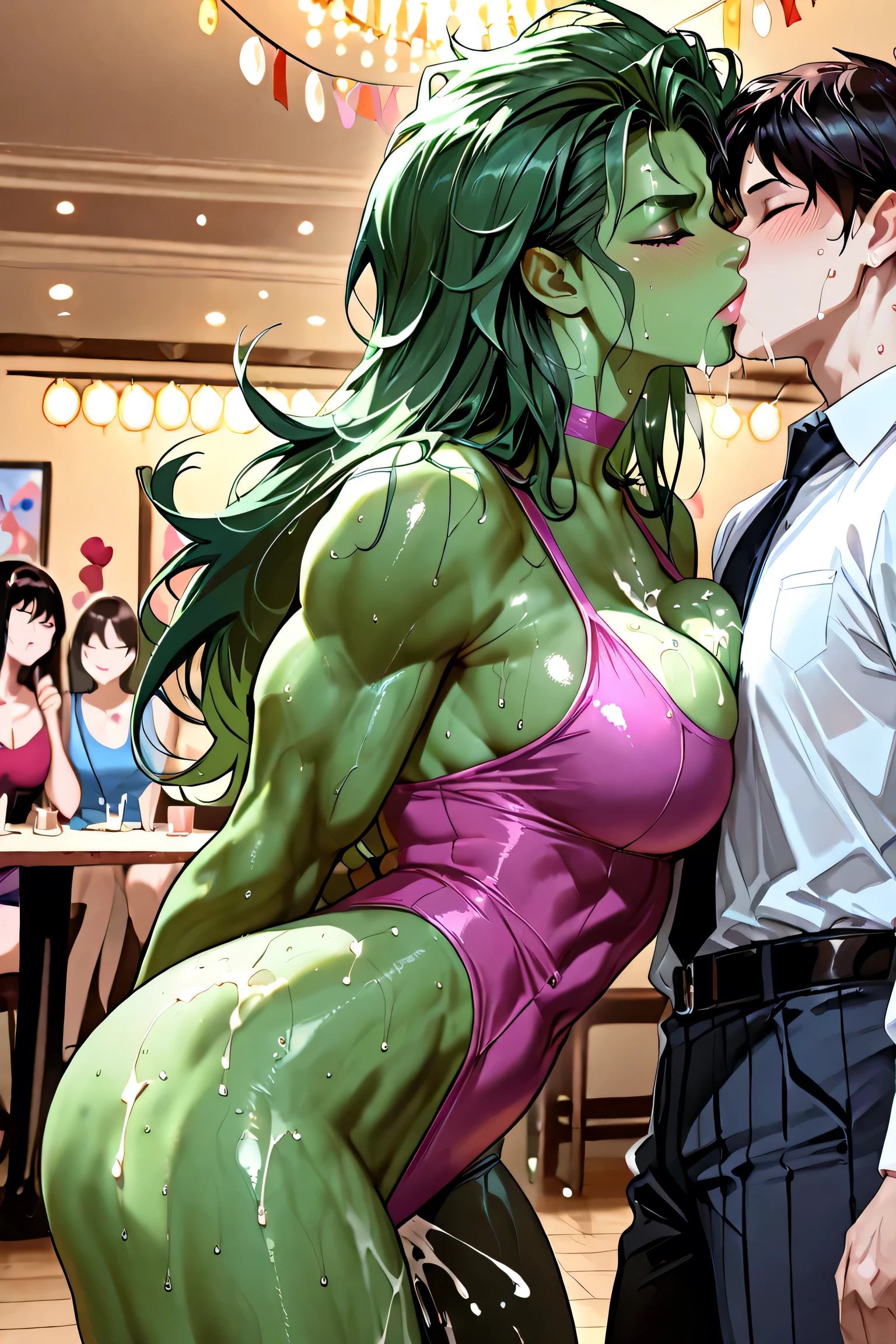 score_9, score_8_up, score_7_up, score_6_up, score_5_up, score_4_up, She-Hulk, 1boy 1girls all fours ass balls deep big ass blowjob cum cum in mouth cumming cumming in mouth dat ass deepthroat  fellatio female female focus holding head irrumatio large ass looking up male male/female mouthful nude nude female oral sex pov straight sweat sweatdrop wide hips, muscular female, hairy pussy, indoors, bedroom