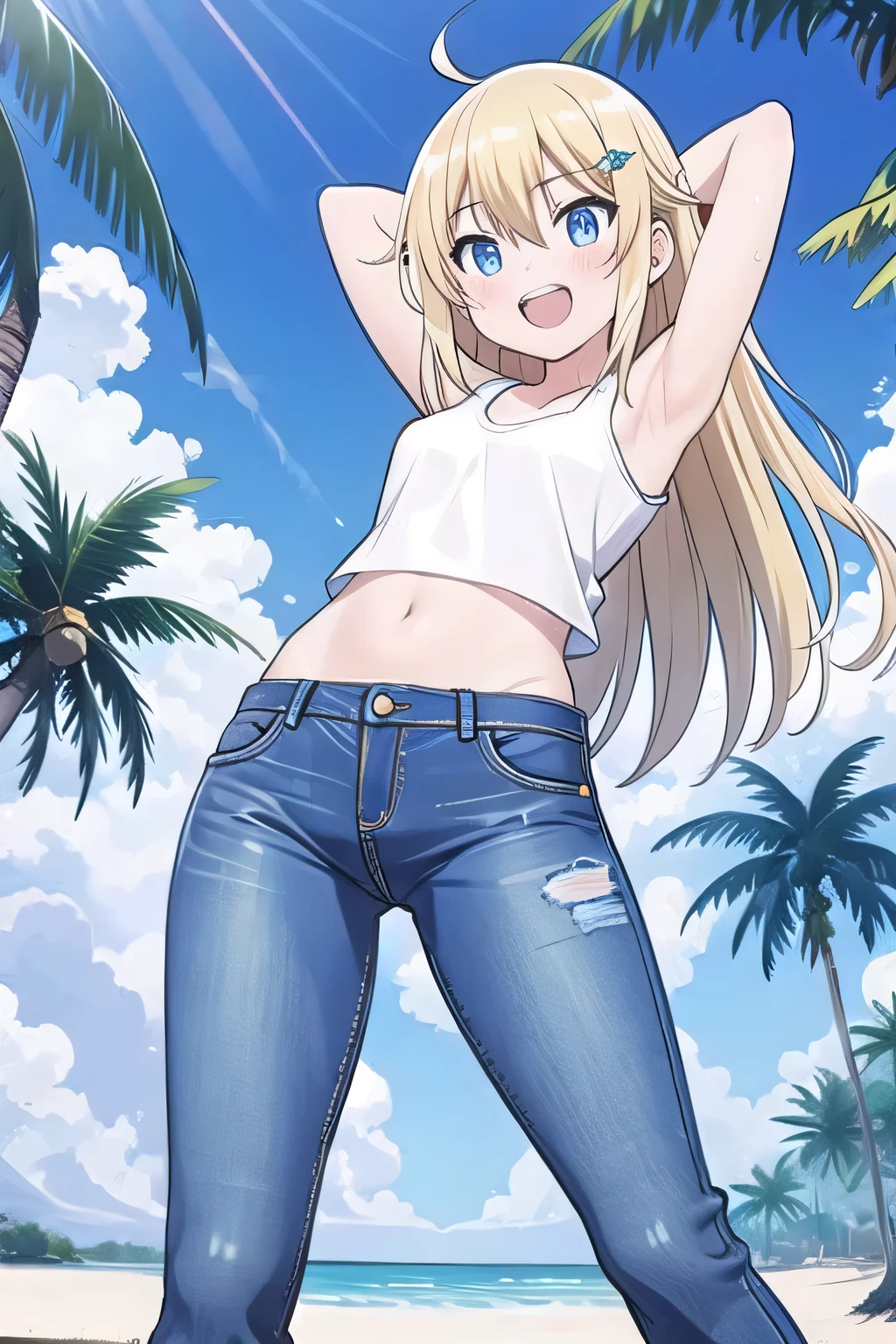 masterpiece,best quality,ultra detail, ((Perfect Face, Perfect Arms, Perfect hands, Perfect Fingers)), 1girl, , peti ((round face, ecstasy, orgasm face, drooping eyes, shame smiling, blush)), dropping eyes, sleepy, Open mouth, ((White teeth)), background((under the beach, (day:1.2), palm tree, bright sky)), miku hatsune, ahoge, aqua eyes, (blonde hair:1.4), crossed bangs, hair between eyes, hair ornament, (long hair:1.4), (messy hair:1.7), ((arms behind head, hands behind head, fingers behind head)), ((contrapposto)), spread armpits, looking at viewer,, (white tank top:1.2), (white crop top:1.2), (jeans pants:1.2, flares jeans:1.2, skinny jeans:1.2, blue jeans:1.2), standing, (legs spread:1.4), sex pose, Sweaty crotch, Steam from the crotch, from below, whole body