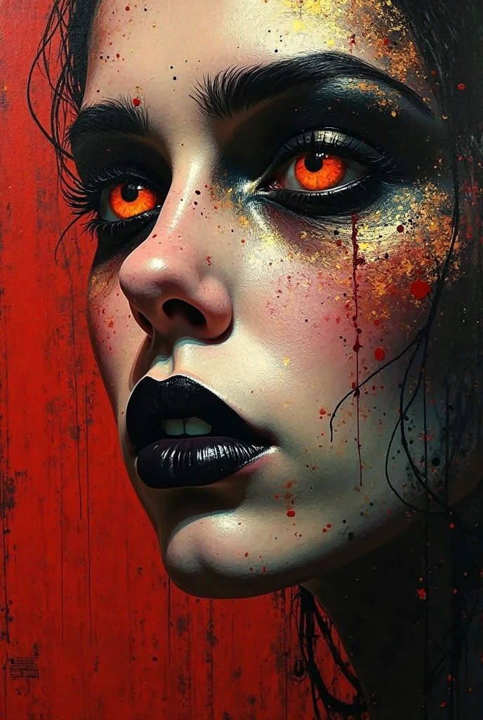 prompt:
Close-up portrait of a woman, adult, with intense expression. Intense, fiery orange eye, contrasted with dark, almost black, makeup and shadowed areas around the face. Bold strokes of deep red, black, and gold paint create a textured effect. Face and figure are heavily stylized, almost abstract, with thick, visible brushstrokes and dramatic color contrasts. The woman's lips are painted black and closed. The composition is focused on the face, emphasizing the intense gaze. The style is expressive, powerful, and dark, suggestive of a strong emotional state, perhaps anger or fierce determination. Vibrant red, gold, black, and a hint of orange form the color palette. The background is a backdrop of strong red, black, and gold, with vertical brushstrokes adding a sense of depth. The work exhibits a dramatic, almost gothic style. The image has a moody, intense atmosphere. The perspective is a direct close-up portrait.