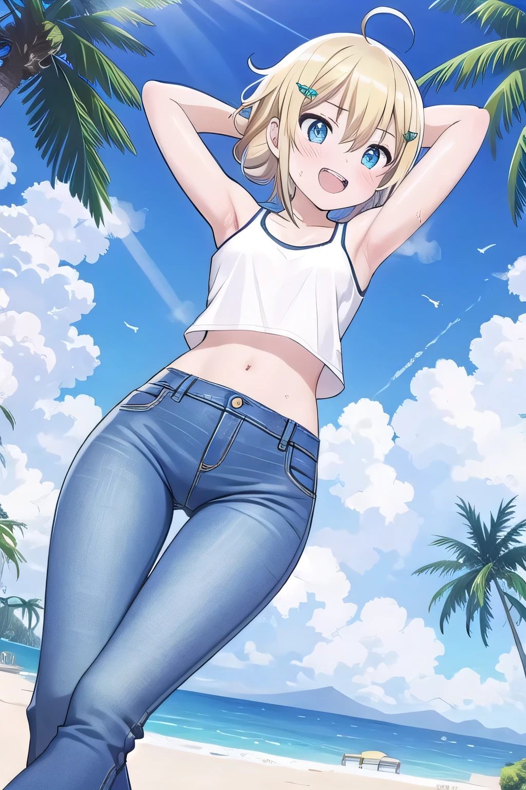 masterpiece,best quality,ultra detail, ((Perfect Face, Perfect Arms, Perfect hands, Perfect Fingers)), 1girl, , peti ((round face, ecstasy, orgasm face, drooping eyes, shame smiling, blush)), dropping eyes, sleepy, Open mouth, ((White teeth)), background((under the beach, (day:1.2), palm tree, bright sky)), miku hatsune, ahoge, aqua eyes, (blonde hair:1.4), crossed bangs, hair between eyes, hair ornament, (short hair:1.4), (messy hair:1.7), ((arms behind head, hands behind head, fingers behind head)), ((contrapposto)), spread armpits, looking at viewer,, (white tank top:1.2), (white crop top:1.2), (jeans pants:1.2, flares jeans:1.2, skinny jeans:1.2, blue jeans:1.2), standing, (legs spread:1.4), sex pose, Sweaty crotch, Steam from the crotch, from below, whole body