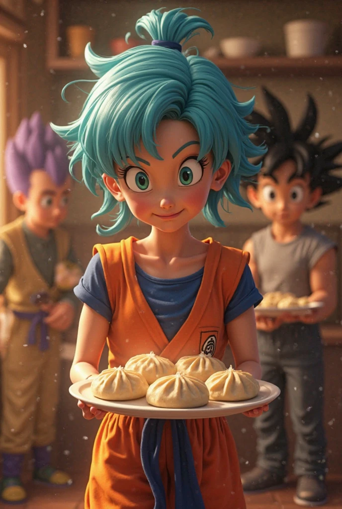 gine, spiky black hair, breasts, bare shoulders, collarbone, black eyes,bracers, monkey tail, (green saiyan armor), saiyan skirt, black pantyhose, looking at viewer, smiling, happy, teeth, sitting, behind a table, inside a bakery, holding donut, sprinkles, playful ambiance, high quality, masterpiece, <lora:ginev3:.6>