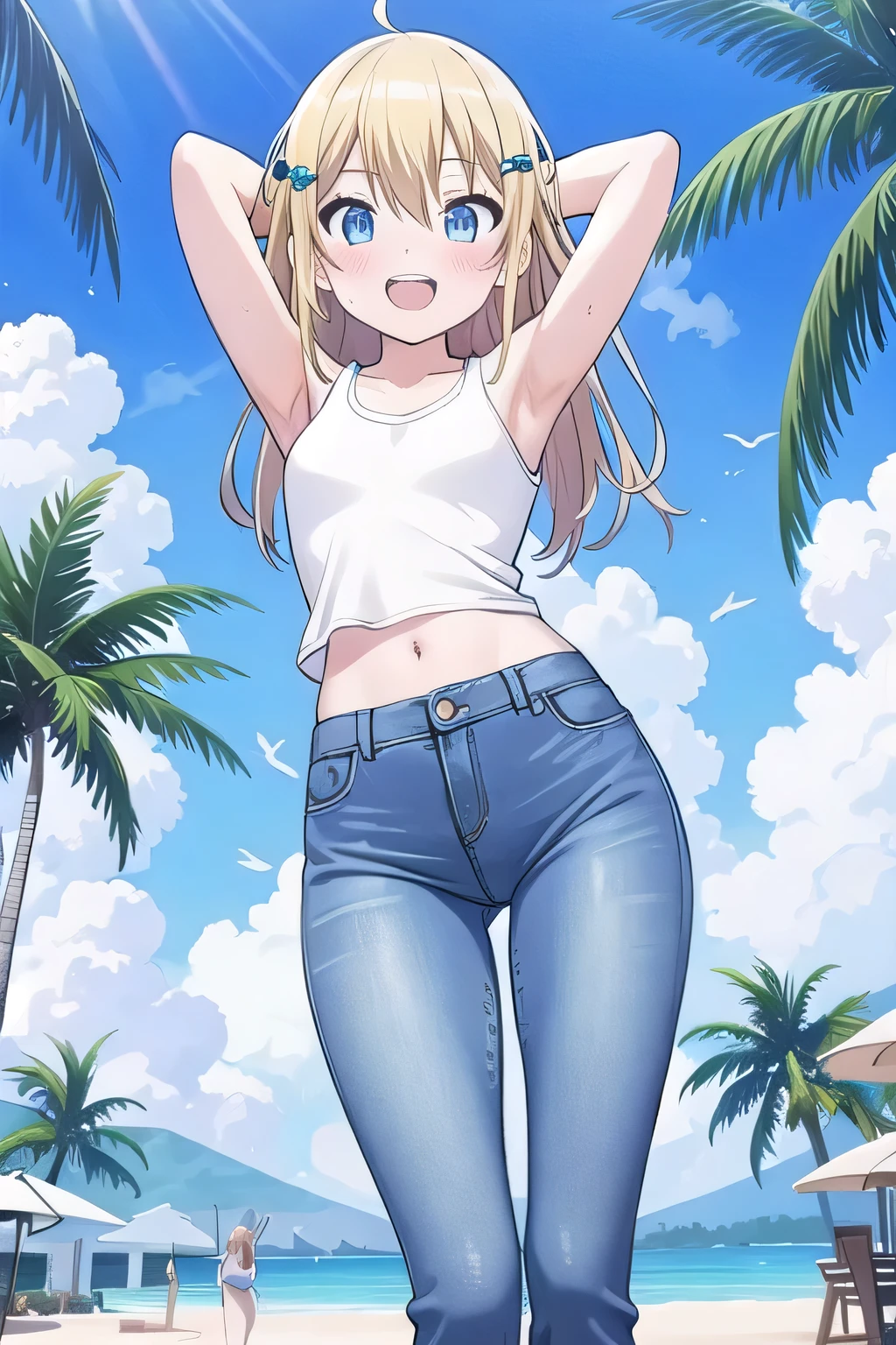 (masterpiece, glossy, best quality, photo realistic, hyper realistic, super fine illustration, ultra high res, large_filesize, 64K, extremely detailed, realistic background, detailed background:1), atmospheric,
BREAK 1 beautiful girl, girl, (cute:1.5),(Little:0.5),(cute:2.0),(change:2.0),(12 year old girl),(big breasts:1.65),(chin hair,blonde,blue bow,green eyes,Eyebrows visible through the hair,side lock,long hair with bangs parted, hair flower, hair ornaments, big ribbon in hair, curly hair, ponytail:1.6),:he, white feathers, one thin white wing, Ang he wings, spread your wings, shining wings),pit \black},glowing skin, beautiful skin, Shining beautiful skin, open your mouth, bashful smile, alone, tooth, upper teeth,(long eyheashes, double eyheids:1.2),alone, glowing skin, beautiful skin,(The best smile,:D:1.45),
BREAK
wearing a bright and lively-colored T-shirt with jeans. Her outfit looks casual and comfortable、
BREAK
Location:
She has arrived at a resort area with a beautiful coastline. White sandy beaches and blue seas stretch out around her.
**BREAK**
**Activity:**
She is sitting on the beach, capturing the scenery with a camera in her hand. Smiling, she enjoys the view of the sea, embracing the new surroundings.
BREAK
Composition:
She sits at the edge of the coastline, with the blue sea expanding on the left and white sandy beaches stretching on the right. Beautiful palm trees line around her.
BREAK,wakame,wakame,wakame,(from front,cowboy shot:1.5),hanging breasts,nose blush,heavy breathing,steam,((:o):1.2)
BREAK,(Blurry background:1.3),(absurderes, hight resolution, Super Detail Art),cel shading,Clear Color,Lonely optical effect,Beautiful pictures,Bright glow,mystic atmosphere,(Close-up of girl:0.8),Mystical light particle effect,manga influence,clean line drawings,