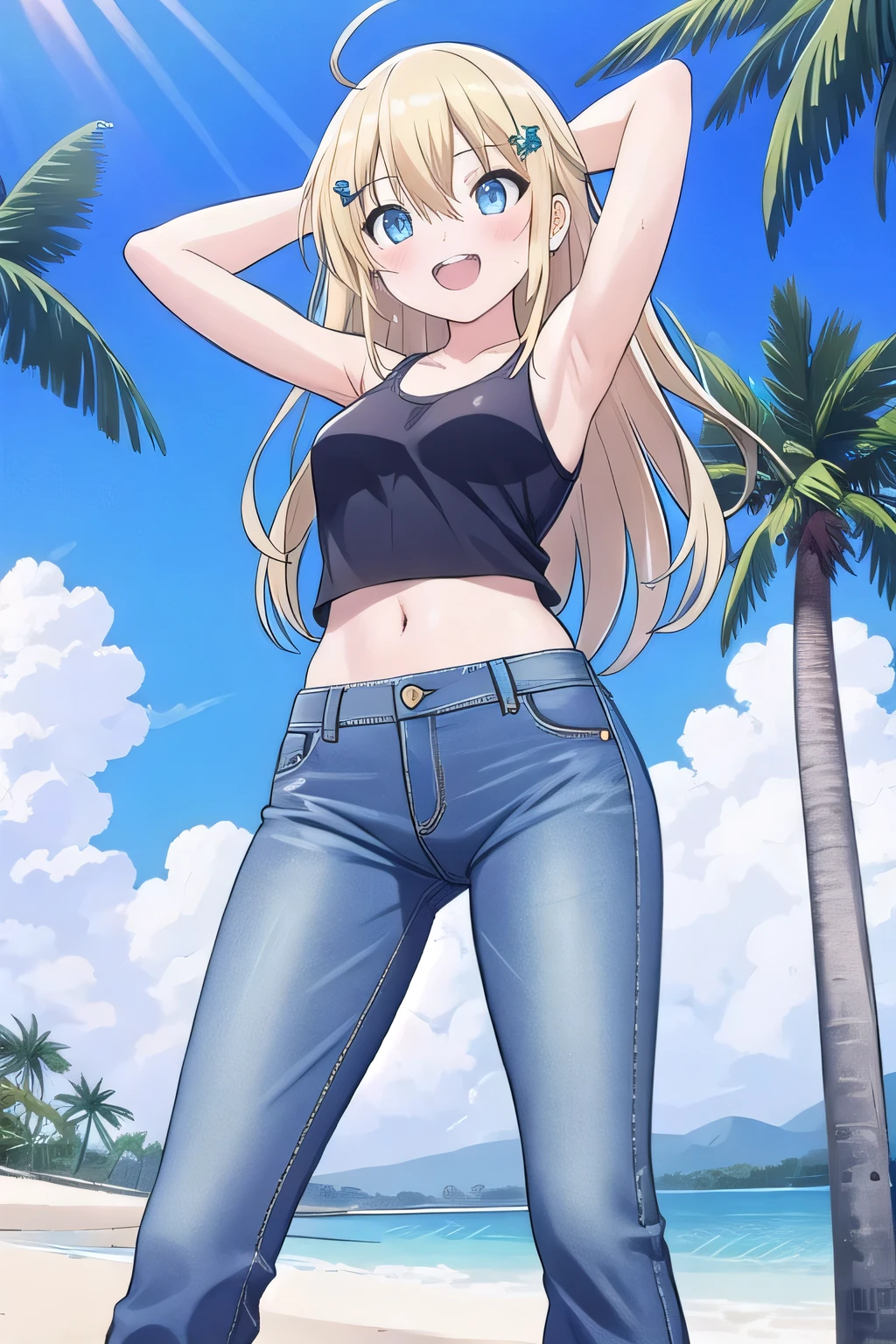 masterpiece, Very nice view, perspective, highest quality, Extremely detailed CG, 8k wallpaper, High resolution, Highly detailed face, Highly detailed eyes, Perfect Anatomy, Highly detailed skin,
(Dynamic Angle, Dynamic pose:1.2), Beach, Smooth Waves, (Portraiture, Focus on the legs, whole body), (Beautiful Face, 1 girl:1.8, alone, Beautiful Eyes, Beautiful feet:1.3), ((((waving at viewer)))), blush, Worried,
1 girl:1.8, alone, (Black Tube Top:1.3), (skinny jeans:1.3), chest, Blonde, Long Hair, Floating Hair, Straight hair, Open forehead, (barefoot:1.3), blue eyes, (belly button:0.8), skinny, thin, Wide Hips, thinウエスト