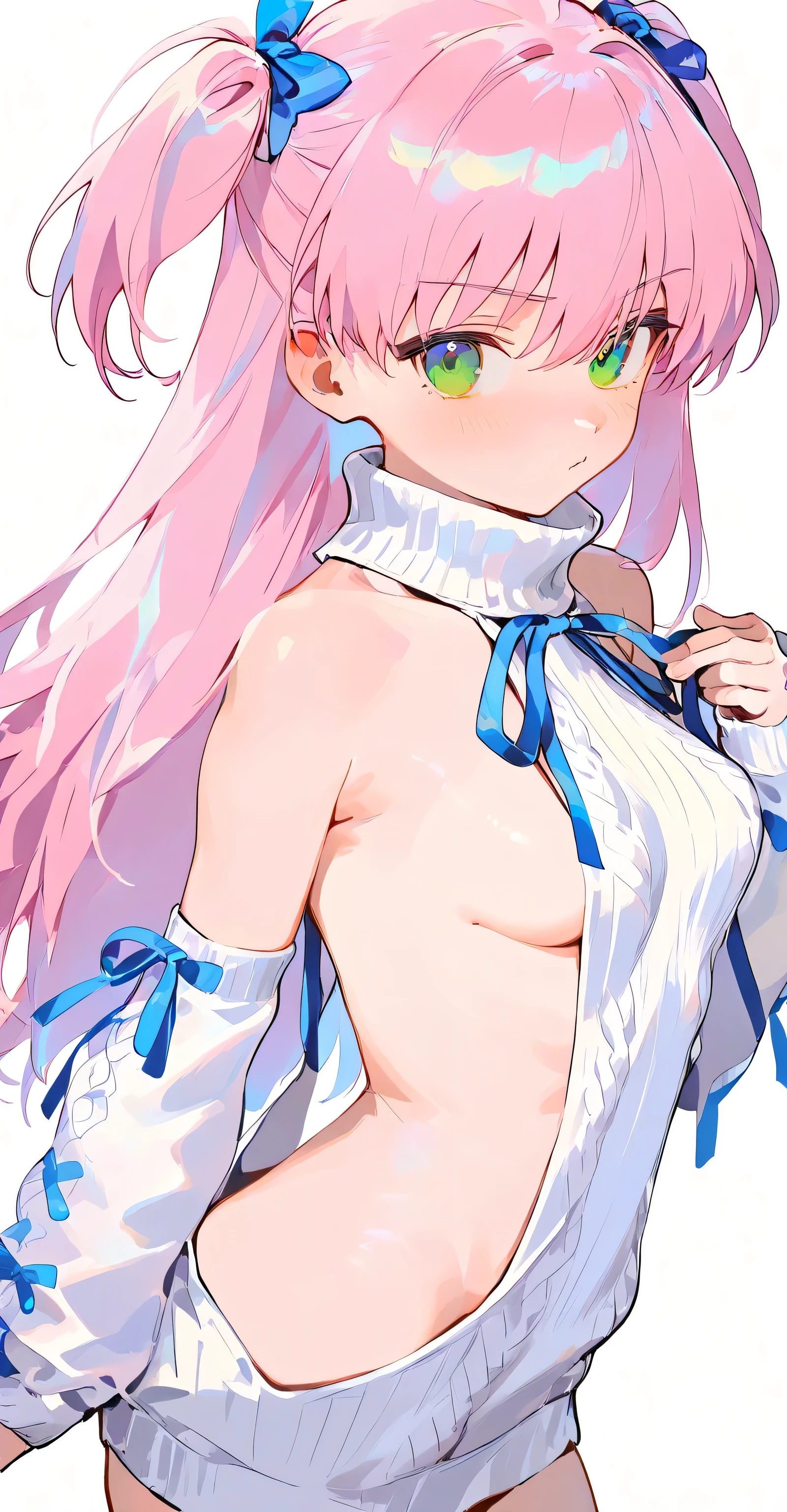 White Virgin killer sweater, arm warmers, blue ribbon, two side up, pink hair, small breasts, sideboob, from front