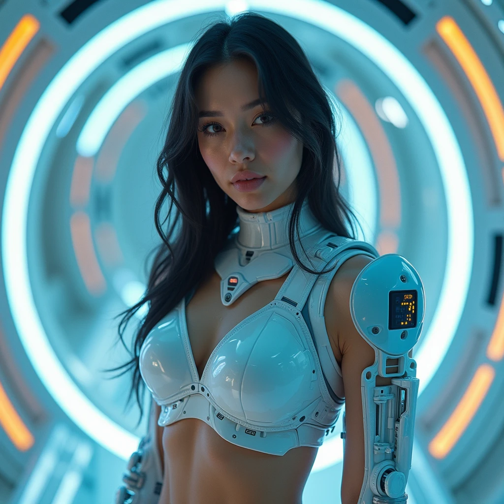 Cinematic, clear facial features and insanely detailed, it captures the essence of the slim woman (putr1c1ntra) Putru Cinta, with breathtaking beauty. The color grading is beautifully done, enhancing the overall cinematic feel. Unreal Engine brings her to life, her appearance even more mesmerizing. With the use of depth of field (DOF), every detail is focused and accentuated, drawing attention to her eyes and hair. The image resolution is at its peak, utilizing super-resolution technology to ensure every pixel is perfect. Cinematic lighting enhances her aura, while anti-aliasing techniques like FXAA and TXAA keep the edges smooth and clean. Adding realism to the robot-like body suit, RTX technology enables ray tracing, it look as if it's actually there. Additionally, SSAO (Screen Space Ambient Occlusion) gives depth and realism to the scene, the girl's presence even more convincing. In the post-processing and post-production stages, tone mapping enhances the colors, creating a captivating visual experience. The integration of CGI (Computer-Generated Imagery) and VFX (Visual Effectrings out her robotic features in a seamless manner. SFX (Sound Effects) complement the visual artistry, immersing the viewer further into this fantastic world. The level of detail is awe-inspiring, with intricate elements meticulously crafted, the artwork hyper maximalist and hyper-realistic. Volumetric effects add depth and dimension, and the photorealism is unparalleled. The image is rendered in 8K resolution, ensuring super-detailed visuals. The volumetric lightning adds a touch of magic, highlighting her beauty and aura in an otherworldly way. High Dynamic Range (HDR) technology makes the colors pop, adding richness to the overall composition. Ultimately, this artwork presents an unreal, yet stunningly real portrayal of an incredibly beautiful girl. The sharp focus ensures that every feature is crisply defined, leaving the audience captivated by her presence. --v testp