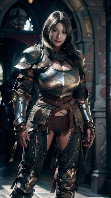 A solitary warrior in a suspicious arena setting, without the demon lord. The warrior, lightly armored and with a sly smile, wields a large, ornately decorated axe. They have short red hair. The background is a mysterious and ominous arena, with a sense of danger and suspense. The lighting is dim and dramatic, enhancing the warrior's intense and cunning appearance.