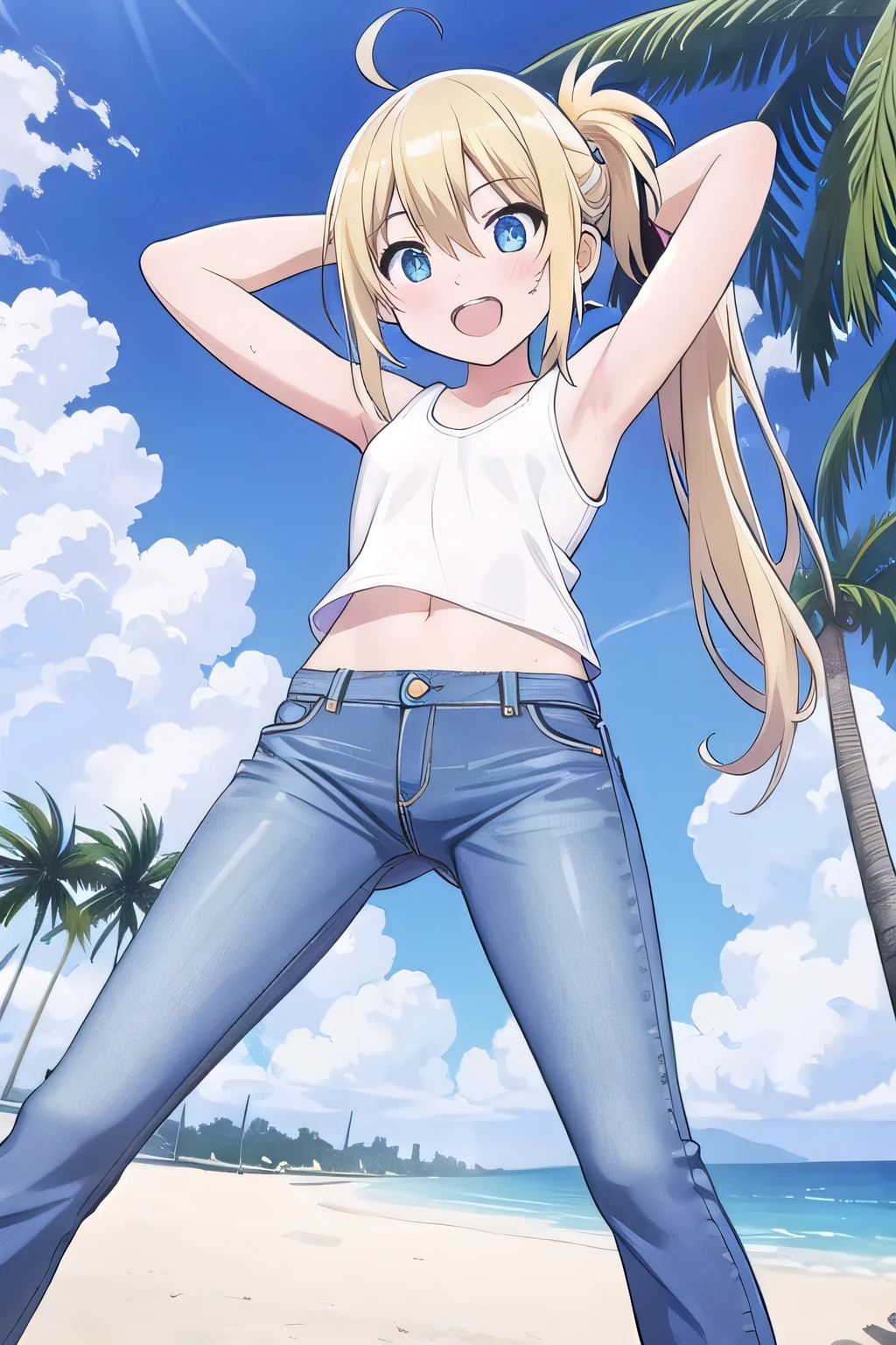 masterpiece,best quality,ultra detail, ((Perfect Face, Perfect Arms, Perfect hands, Perfect Fingers)), 1girl, , peti ((round face, ecstasy, orgasm face, drooping eyes, shame smiling, blush)), dropping eyes, sleepy, Open mouth, ((White teeth)), background((under the beach, (day:1.2), palm tree, bright sky)), miku hatsune, ahoge, aqua eyes, (blonde hair:1.4), crossed bangs, hair between eyes, hair ornament, (long hair:1.4), (messy hair:1.7), (low ponytail hair:1.4), ((arms behind head, hands behind head, fingers behind head)), ((contrapposto)), spread armpits, looking at viewer,, (white tank top:1.2), (white crop top:1.2), (jeans pants:1.2, flares jeans:1.2, skinny jeans:1.2, blue jeans:1.2), standing, (legs spread:1.4), sex pose, Sweaty crotch, Steam from the crotch, from below, whole body