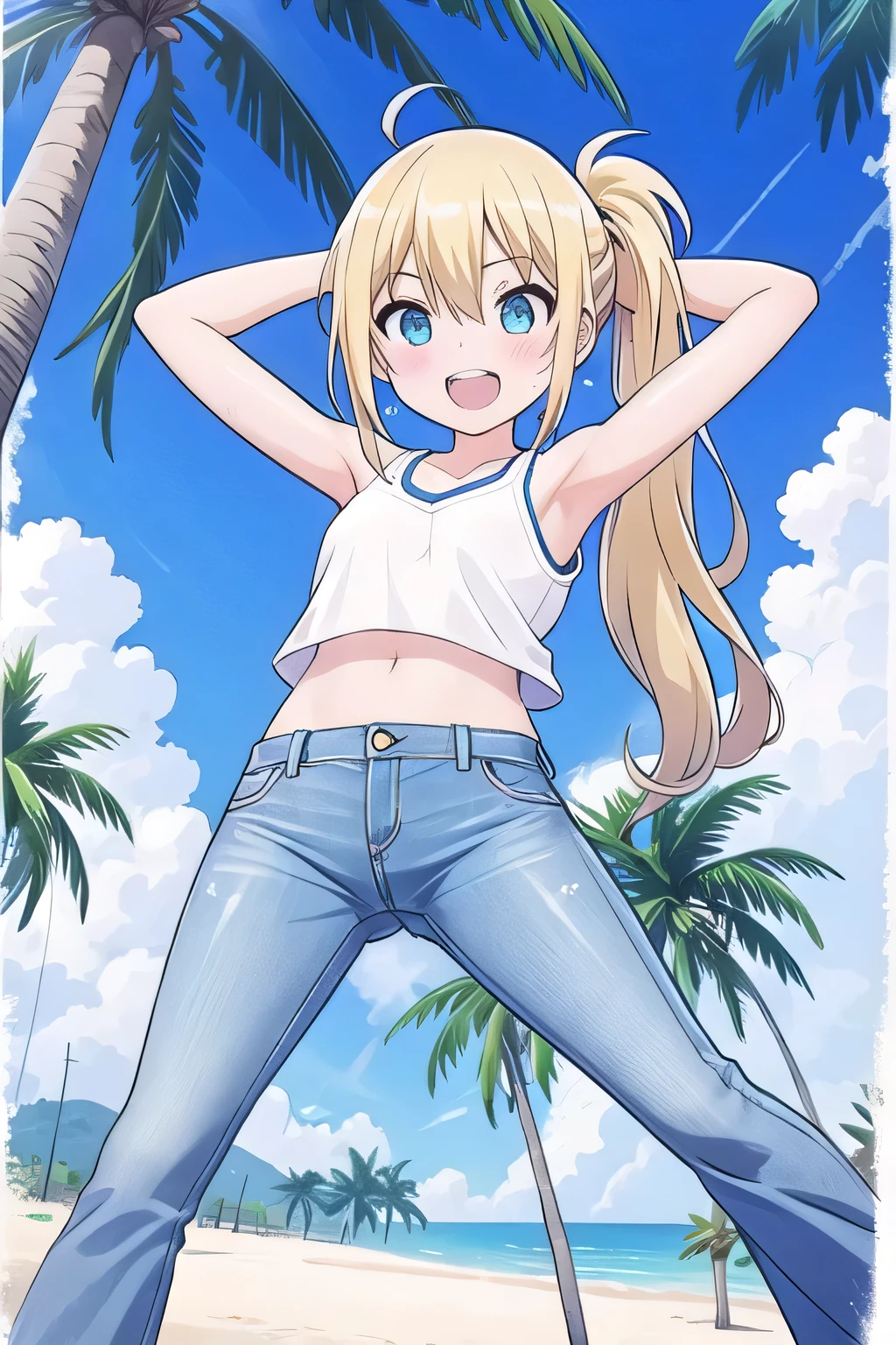 masterpiece,best quality,ultra detail, ((Perfect Face, Perfect Arms, Perfect hands, Perfect Fingers)), 1girl, , petite, ((round face, ecstasy, orgasm face, drooping eyes, shame smiling, blush)), dropping eyes, sleepy, Open mouth, ((White teeth)), background((under the beach, (day:1.2), palm tree, bright sky)), miku hatsune, ahoge, aqua eyes, (blonde hair:1.4), crossed bangs, hair between eyes, hair ornament, (long hair:1.4), (messy hair:1.7), (low ponytail hair:1.4), ((arms behind head, hands behind head, fingers behind head)), ((contrapposto)), spread armpits, looking at viewer,, (white tank top:1.2), (white crop top:1.2), (jeans pants:1.2, flares jeans:1.2, skinny jeans:1.2, blue jeans:1.2), standing, (legs spread:1.4), sex pose, Sweaty crotch, Steam from the crotch, from below, whole body