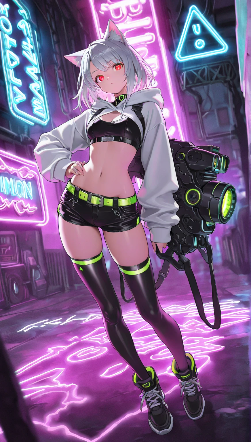 (masterpiece, best quality:1.1),
(ultra highres, ultra-detailed:1.2) ,photo realistic,1 girl,15yo,cute, white frog headgear,tanned dark skin,big headgear,lightgreen hair,side bangs,white sleeveless one piece,white frog gloves,mini skirt,white platform boots,middle small breast,has a large syringe,in cyberpunk metropolis,(fullbody),smile,shout, intricate details, depth of field,Portrait,beautiful lighting, volumetric lighting, dynamic angle, dynamic pose,(Glitter:1.5) ,(sparkle:1.5) ,
