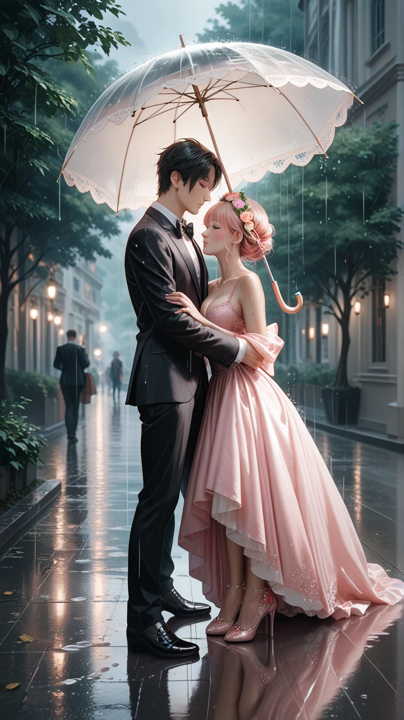 The couple in love danced in the rain, feeling every icy drop on their skin as they stood firm under an umbrella. With a smile on their faces, they moved in sync, as if the rhythm of the music was the same as the raindrops falling.
The clothes stuck to their bodies, their hands touched softly, and their eyes met in a passionate gaze. The sound of rain and the music that played in the background created a magical and romantic atmosphere. --auto --s2