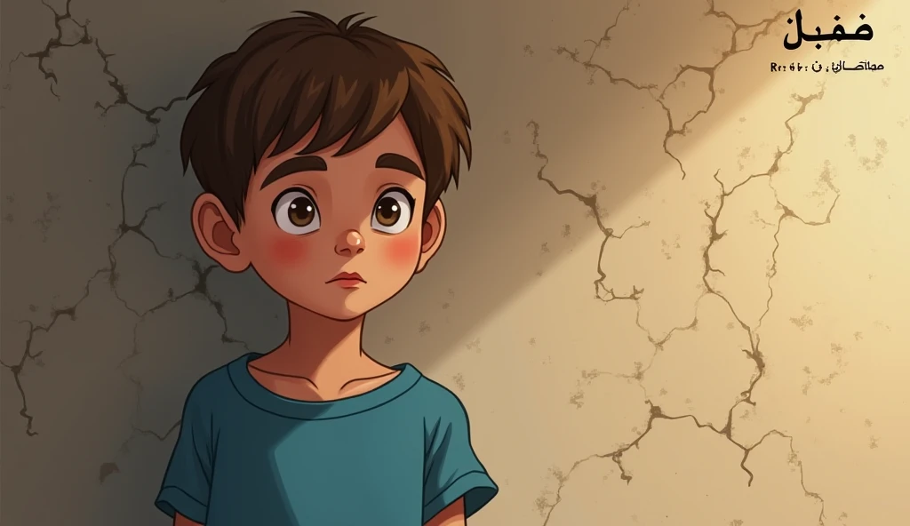 Scared eleven year old boy, dark hair and eyes, poor, with a short-sleeved jacket and no broken pockets, animated cartoon.
