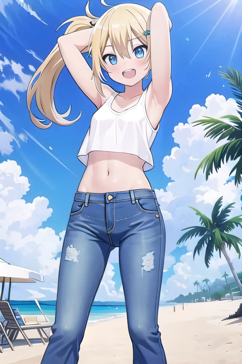masterpiece,best quality,ultra detail, ((Perfect Face, Perfect Arms, Perfect hands, Perfect Fingers)), 1girl, , peti ((round face, ecstasy, orgasm face, drooping eyes, shame smiling, blush)), dropping eyes, sleepy, Open mouth, ((White teeth)), background((under the beach, (day:1.2), palm tree, bright sky)), miku hatsune, ahoge, aqua eyes, (blonde hair:1.4), crossed bangs, hair between eyes, hair ornament, (long hair:1.4), (messy hair:1.7), (ponytail hair:1.4), hair ribbon, ((arms behind head, hands behind head, fingers behind head)), ((contrapposto)), spread armpits, looking at viewer,, (white tank top:1.2), (white crop top:1.2), (jeans pants:1.2, flares jeans:1.2, skinny jeans:1.2, blue jeans:1.2), standing, (legs spread:1.4), sex pose, Sweaty crotch, Steam from the crotch, from below, whole body