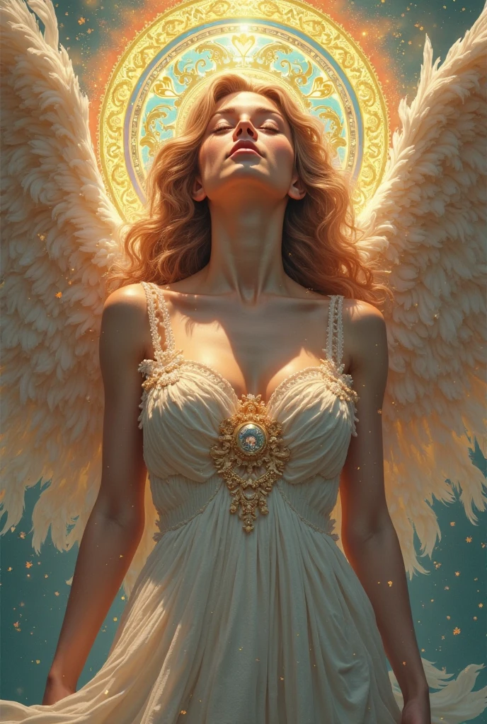 (best quality:1.2,vetorial art:1.1,vivid colors,Stained glass,beautiful vintage angel woman with big open wings:1.1),determined face expression,corpo de frente para o observador,alphonse mucha style,Intricate flowery background,vivid colors,warm tone,soft lighting)
