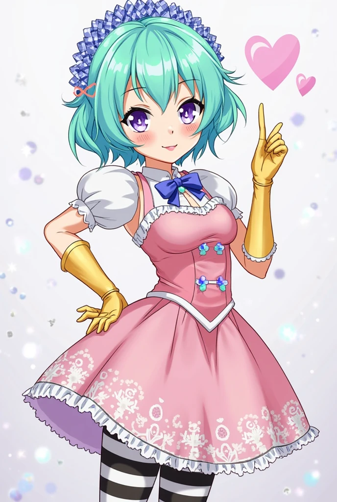 phosphophyllite (houseki no kuni), gems, gemstones, happy face, magical girl, madoka magica, short shiny turquoise hair (houseki no kuni), lazurite decorations on head, blue decorations, pink lush lolita dress, black and white striped stockings, long golden gloves