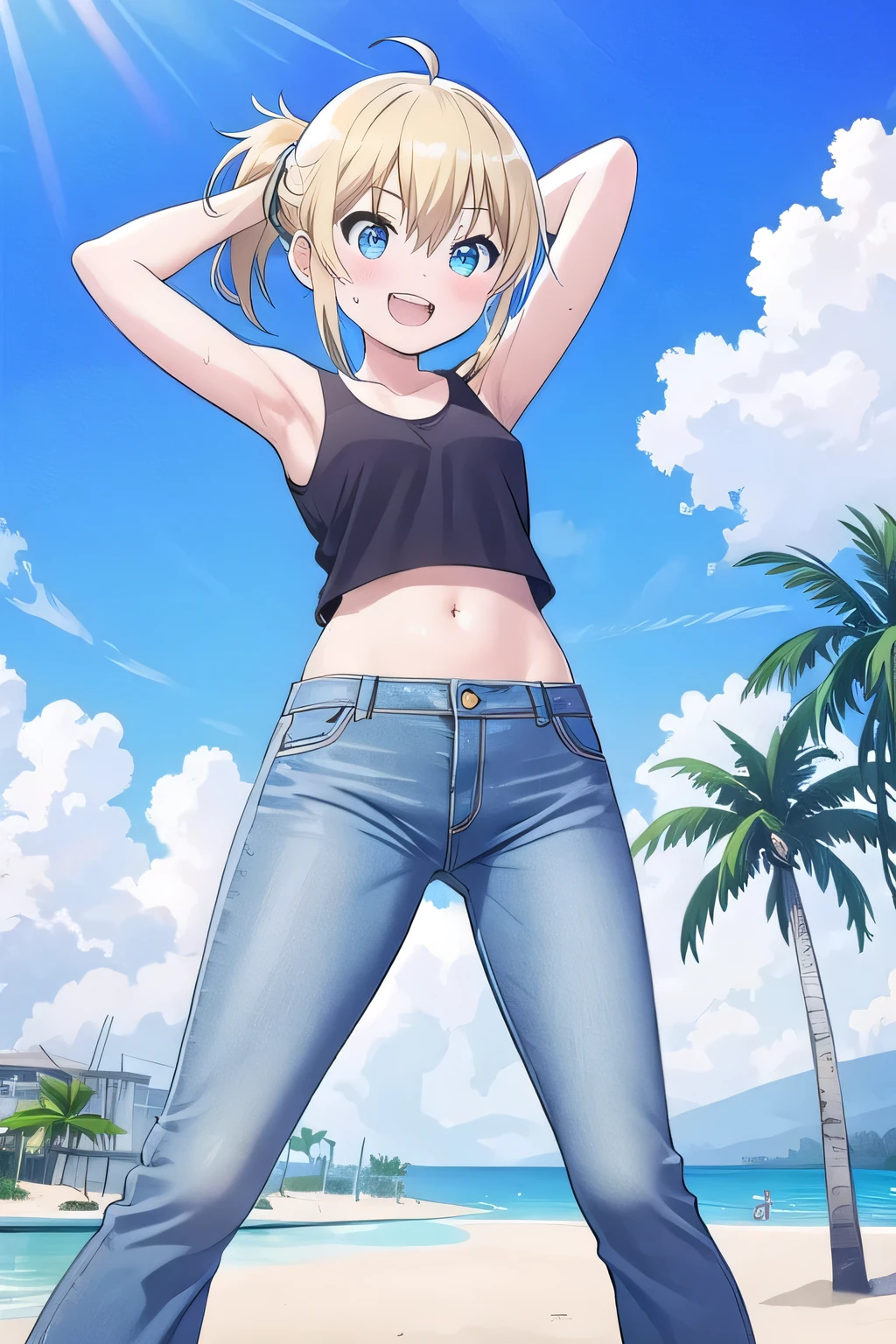 masterpiece,best quality,ultra detail, ((Perfect Face, Perfect Arms, Perfect hands, Perfect Fingers)), 1girl, , peti ((round face, ecstasy, orgasm face, drooping eyes, shame smiling, blush)), dropping eyes, sleepy, Open mouth, ((White teeth)), background((under the beach, (day:1.2), palm tree, bright sky)), miku hatsune, ahoge, aqua eyes, (blonde hair:1.4), crossed bangs, hair between eyes, hair ornament, (long hair:1.4), (messy hair:1.7), (ponytail hair:1.4), (low ponytail:1.4), hair ribbon, ((arms behind head, hands behind head, fingers behind head)), ((contrapposto)), spread armpits, looking at viewer,, (white tank top:1.2), (white crop top:1.2), (jeans pants:1.2, flares jeans:1.2, skinny jeans:1.2, blue jeans:1.2), standing, (legs spread:1.4), sex pose, Sweaty crotch, Steam from the crotch, from below, whole body