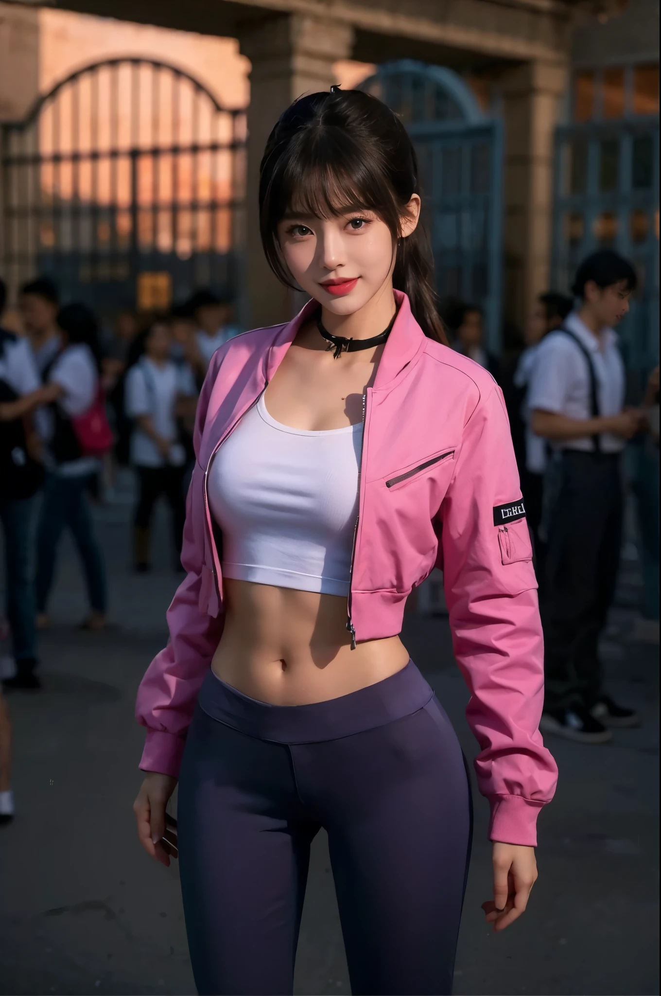 smile, Photo realistic, High resolution, detailed background, detailed beautiful skin, detailed nose, soft lighting, (solo shot:1.23), (upper body:1.1), closed shot, (breast focused:1.3), looking at viewer, (((nice hand, perfect hand))), clear eyes,// japanese lady, pale skin, (cleavage), mega breasts, // (((wearing nike Bomber Jacket with mini skirt))), pink hair, street snap, ((facing viewer)), at the street tokyo, ((standing)),