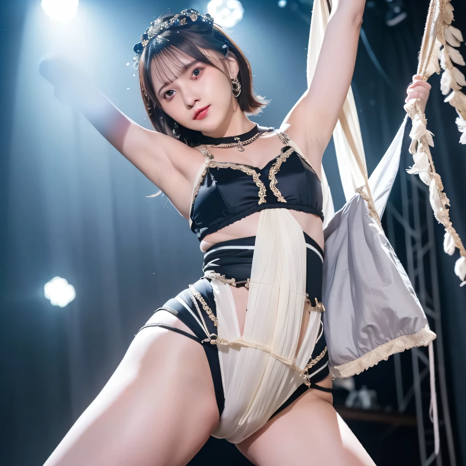 (((SFW)))(ExtremelyDetailed((CyberJapan Dancers))) (ExtremelyDetailed((Cute and Coquettish face))) BigBoob, Radiant FineSkin with Transparency, Flashing ((beltbra)) and Skinny Shorts. Shouting . PerfectLighting, Oodles Blurred ColorfulLights at Dusk City, Starry Particles,