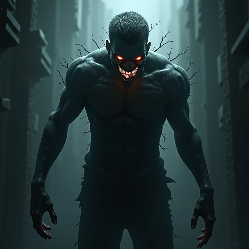 fictional scary and provocative sexy male creature with glowing white eyes has a scary smile with sharp teeth has a fit athletic physique wears no shirt is holding a knife , in the bedroom scene of cumming at night , light coming through the window , from front view , 4K , best quality , high détail , Masterpiece artwork