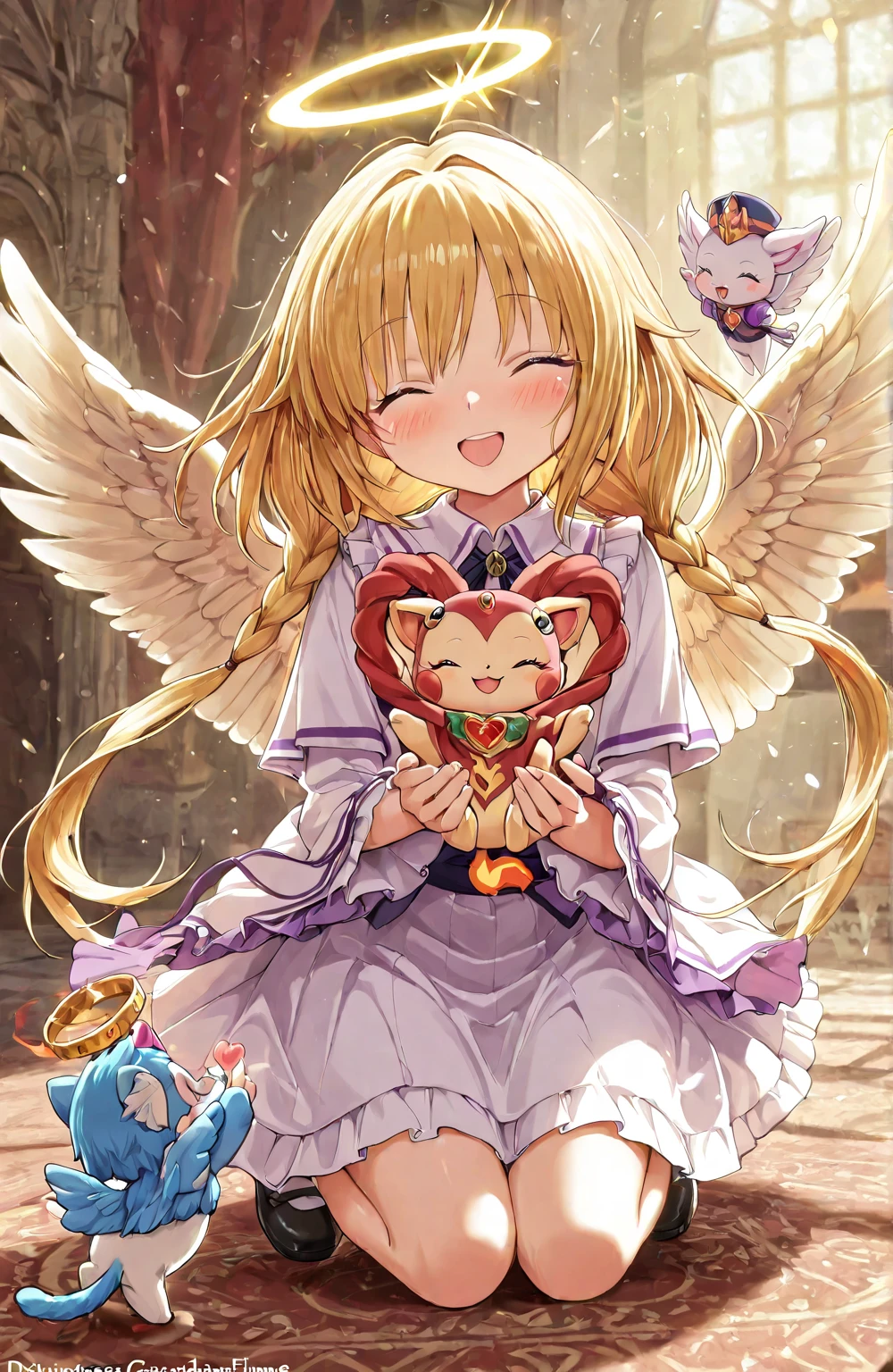 Highest quality、High resolution、Detailed Background、Beautiful face in every detail、Anatomically correct、Detailed facial expressions、fine grain、((full body, from side:1.5, looking away:1.2)), break ((One Girl:1.5)、((Chibi Girl:1.5)))、Bright pretty hair color、Big beautiful blue eyes、Fuller lips、Pink Lips、Braided twintails、Ahoge、break ((Sitting back to back with a mythical creature with the body of a lion and the head and wings of an eagle:1.5、Sleep:1.5、Happy expression:1.5))、(The background is a grassland、spring、SakuraFubuki)