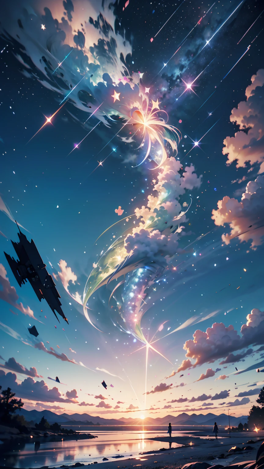 Vast Sky: Showcasing the vastness of the night sky, If you stand at a distance of 、 stars and shooting stars will take up a significant portion of the composition ., Dynamic shooting star: to capture the motion and energy of shooting stars across the sky, Creating a sense of movement and wonder., quiet scenery: quiet sceneryを追加することを検討する, Distant mountains and calm waters, Enhances a sense of peace and serenity.