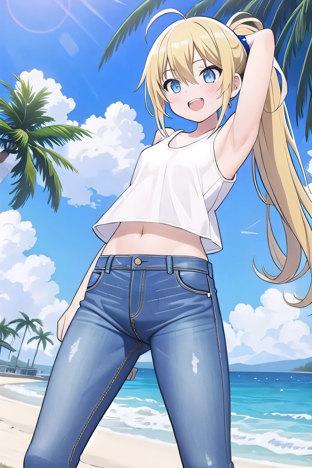 masterpiece,best quality,ultra detail, ((Perfect Face, Perfect Arms, Perfect hands, Perfect Fingers)), 1girl, , petite, ((round face, ecstasy, orgasm face, drooping eyes, shame smiling, blush)), dropping eyes, sleepy, Open mouth, ((White teeth)), background((under the beach, (day:1.2), palm tree, bright sky)), miku hatsune, ahoge, aqua eyes, (blonde hair:1.4), crossed bangs, hair between eyes, hair ornament, (long hair:1.4), (messy hair:1.7), (ponytail hair:1.4), hair ribbon, ((arms behind head, hands behind head, fingers behind head)), ((contrapposto)), spread armpits, looking at viewer,, (white tank top:1.2), (white crop top:1.2), (jeans pants:1.2, flares jeans:1.2, skinny jeans:1.2, blue jeans:1.2), standing, (legs spread:1.4), sex pose, Sweaty crotch, Steam from the crotch, from below, whole body