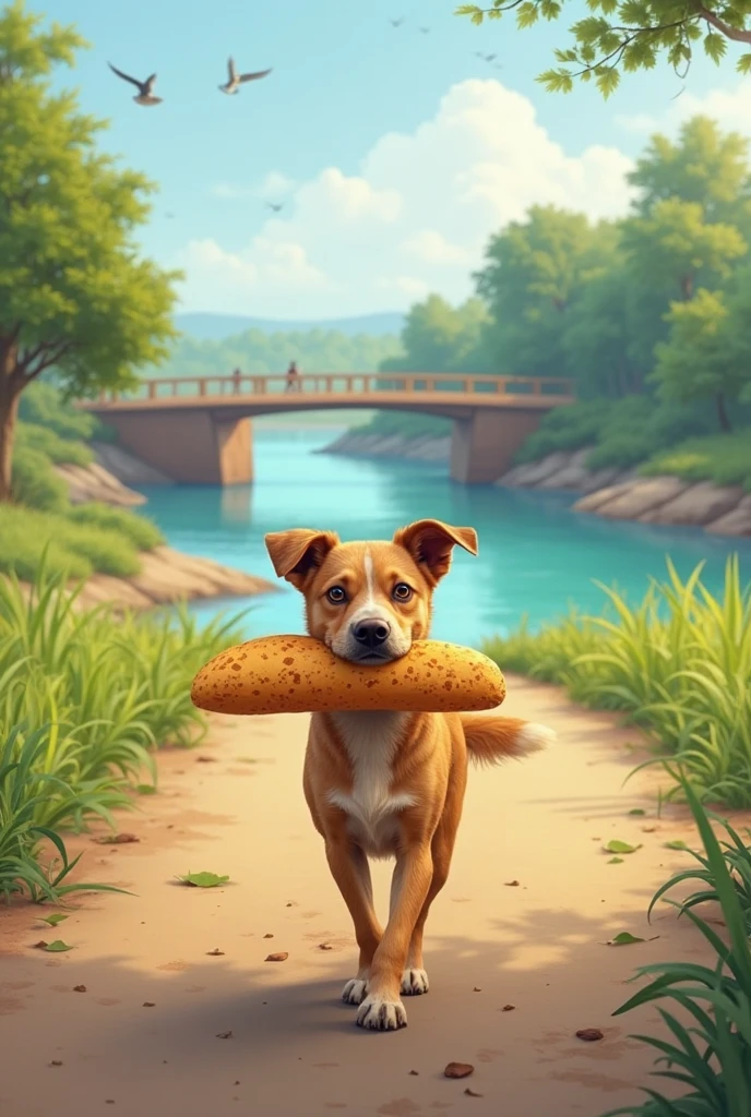 The dog walks down the road with the piece of roti clutched in its mouth. The dog looks content, walking slowly. In the background, there is a clear river, with trees and a bridge crossing it.
Details to include: The dog should look confident, and the river should be visible in the distance. The bridge can have a simple, rustic design, and there should be green fields around the river. A few birds can be flying in the sky.