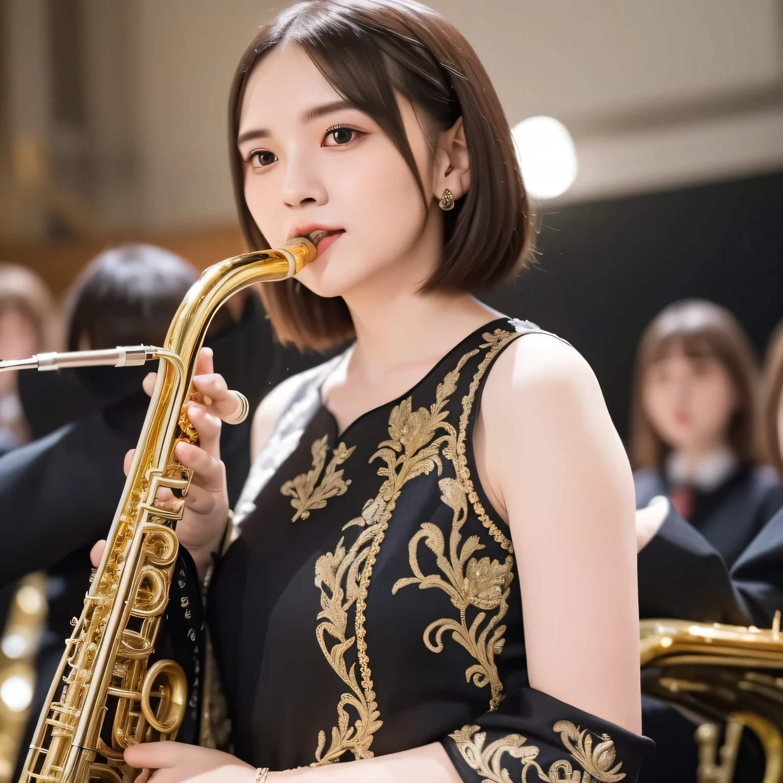 Depict a 20-year-old, dazzlingly beautiful woman playing a brass instrument in a grand concert hall. She wears an elegant yet practical band uniform, designed with intricate gold embroidery. Her posture is poised, fingers positioned with precision, her eyes focused as she plays passionately. The warm stage lighting highlights the shine of her instrument, creating a visually striking contrast between her and the surrounding orchestra. Black hair, bob haircut, dark eyes.