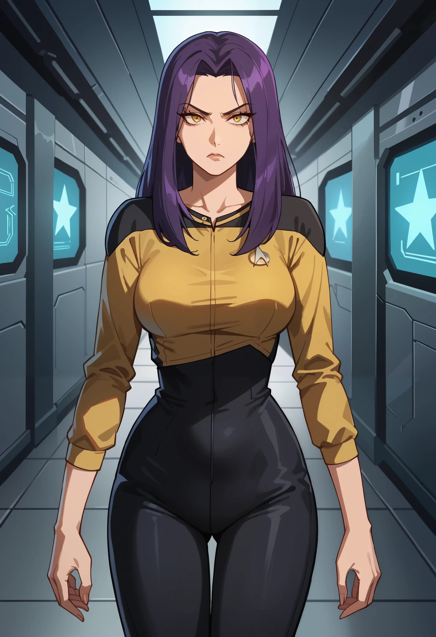score_9, score_8_up, score_7_up, score_6_up,anime screencap, rating safe, 1girl,purple hair,pigtail hair,mature,serious,solo, upper body,corridor,scifi,metal,spaceship,starship,futuristic,machinery,levers,screens, sttng1,star trek yellow uniform,black shoulders,black pants,collarbone, full BODY, big waist, hourglass body, long hair , facing right