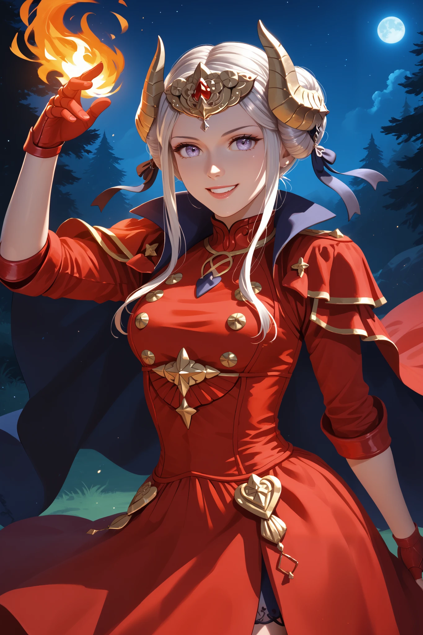 masterpiece, beautiful, ultra-detailed, detailed face, 4k, hd, perfect lighting, best quality, score_9, score_8_up, score_7_up, score_6_up, 2d art, perfect hands, perfect eyes
((cowboy shot))
warEdel, double bun, fake horns, short hair, tiara, red dress, red cape, red gauntlets, long dress
1girl, fighting pose, happy, smile
fire emblem, night, nightmare, camp