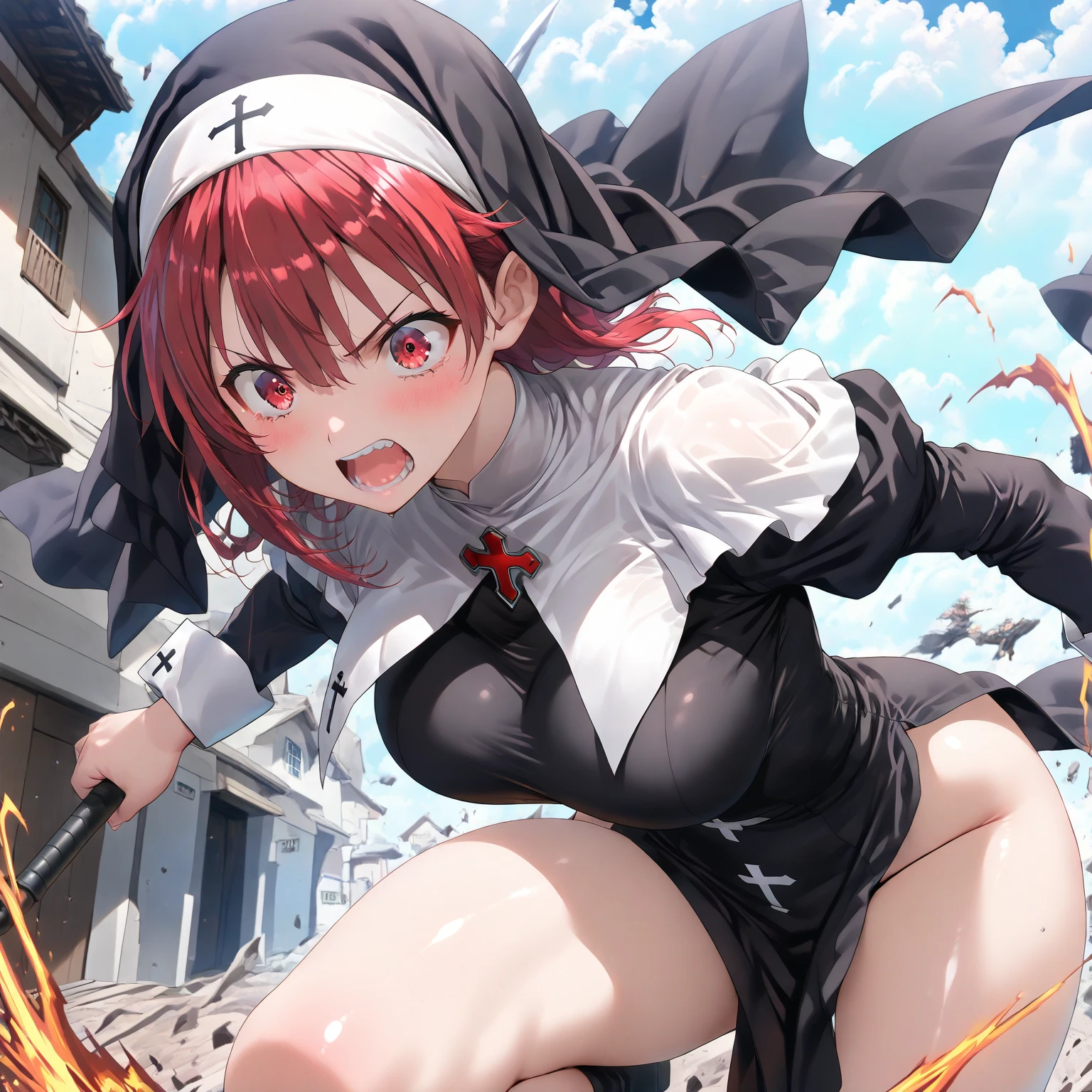 One side of the dress is torn at the chest、Dust cloud、tits、Nipples fully visible、receive damage from an attack、anime、((Battle scene in the ruins))、blush、Line art、Pencil drawing、short hair、Black Dress、Red Hair、Red eyes