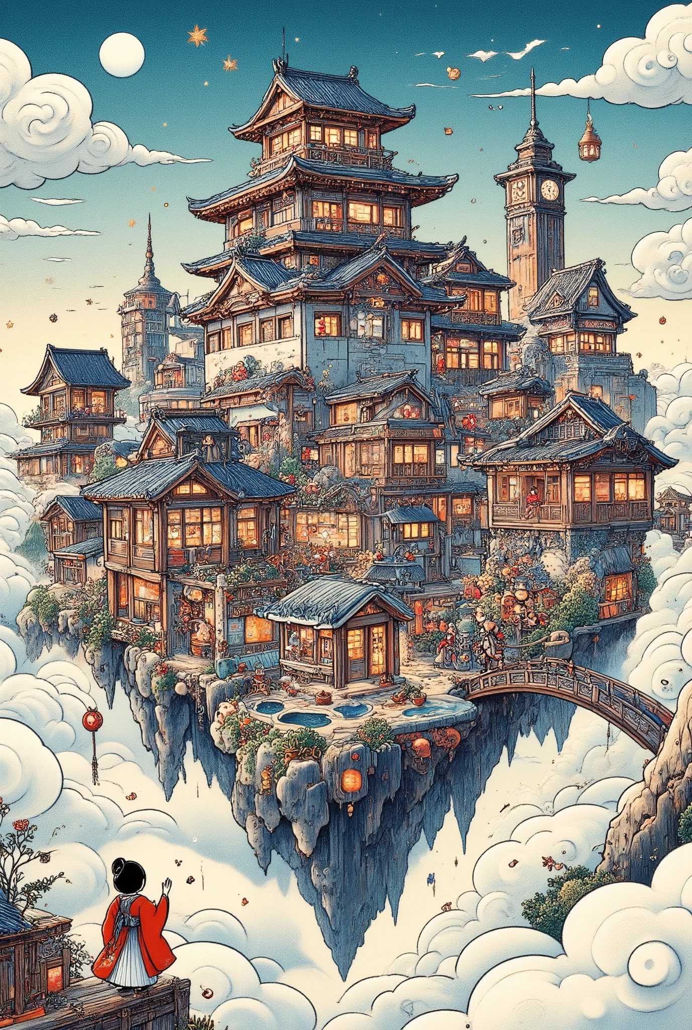 A castle town on an island floating in the clouds, a waving girl, a Japanese feel, ultra detailed, absolutely resolution, masterpiece