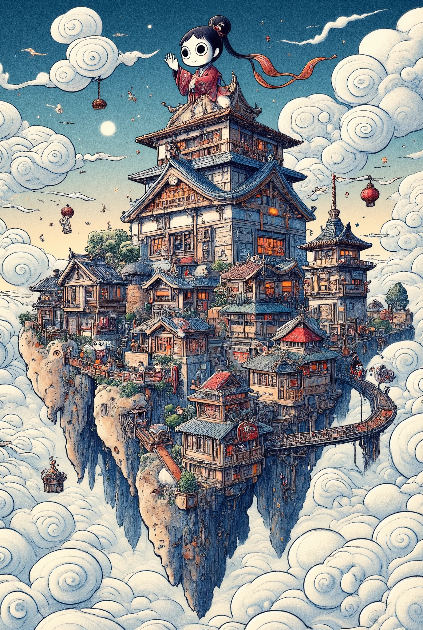 A castle town on an island floating above the clouds, a large deformed girl waving from the castle tower, a Japanese feel, ultra detailed, absolutely resolution, masterpiece